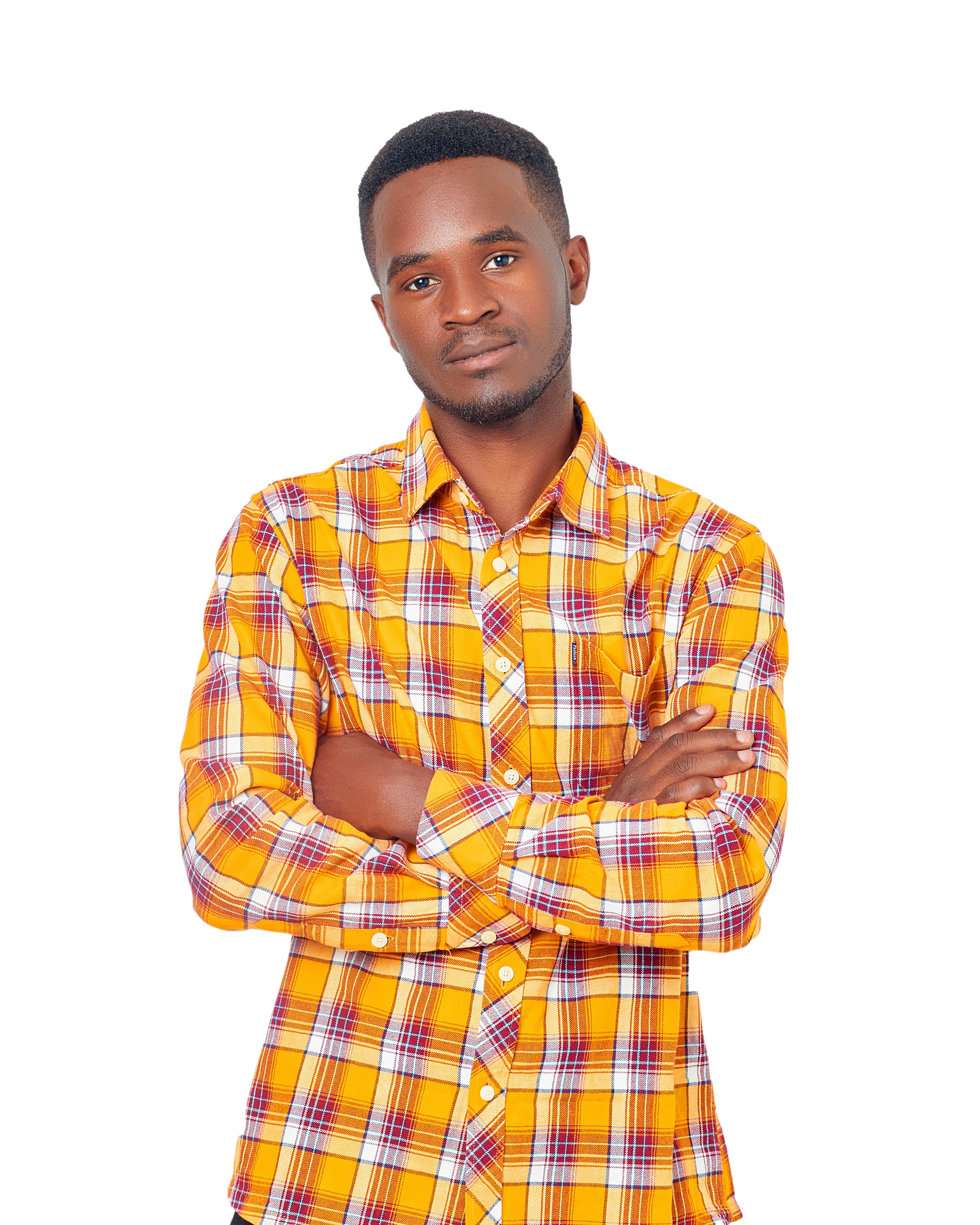 Bro. Nungu in an orange plaid shirt, arms crossed.