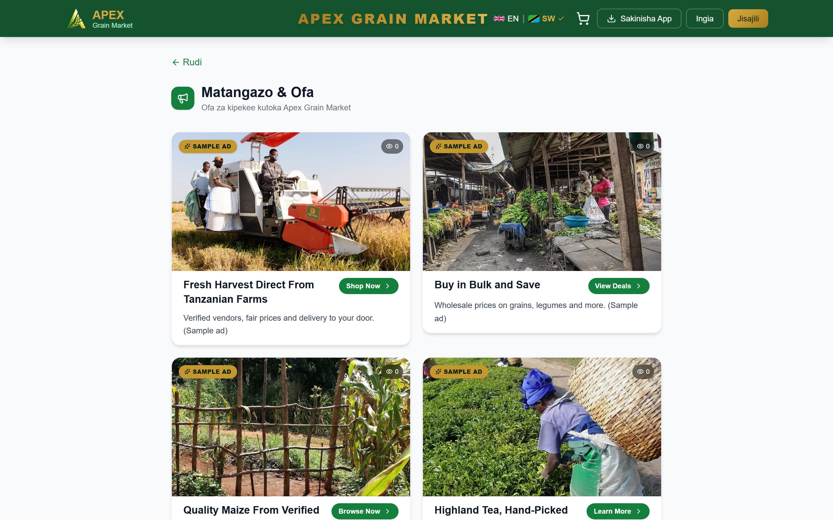 Apex Grain Market promotions page on desktop in Kiswahili: sample ad cards for farm harvests, bulk buying, maize and hand-picked tea, each with a call-to-action button.