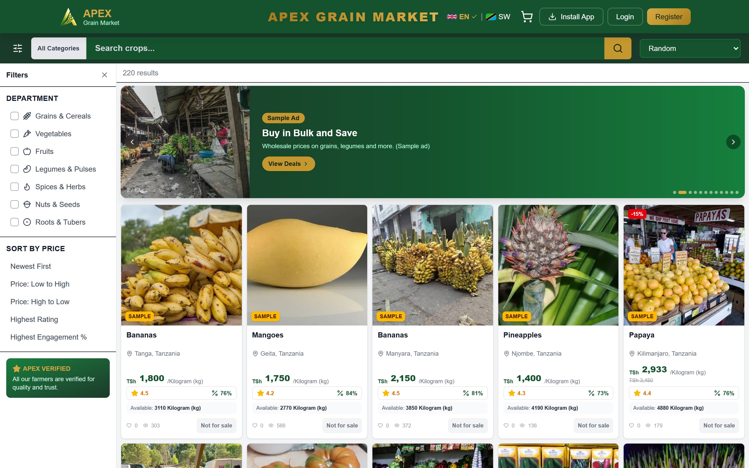 Apex Grain Market marketplace on desktop in English: crop search, department and price filters, a promoted-ad banner and a grid of sample crop listings with prices per ton or kilogram.