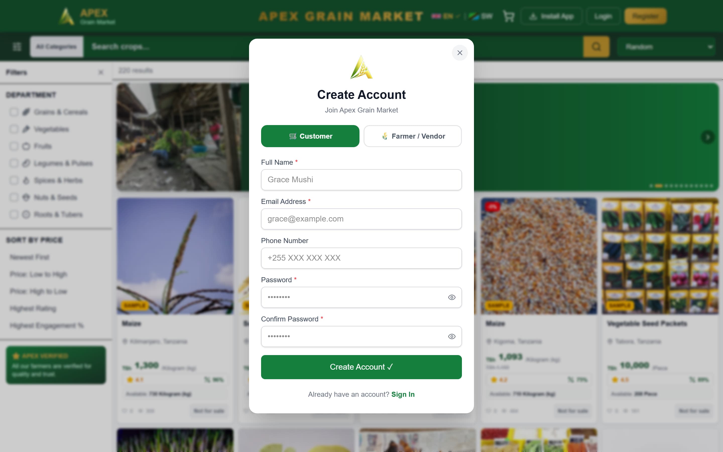 Apex Grain Market Create Account dialog on desktop in English, letting a new user sign up as a customer or as a farmer or vendor.