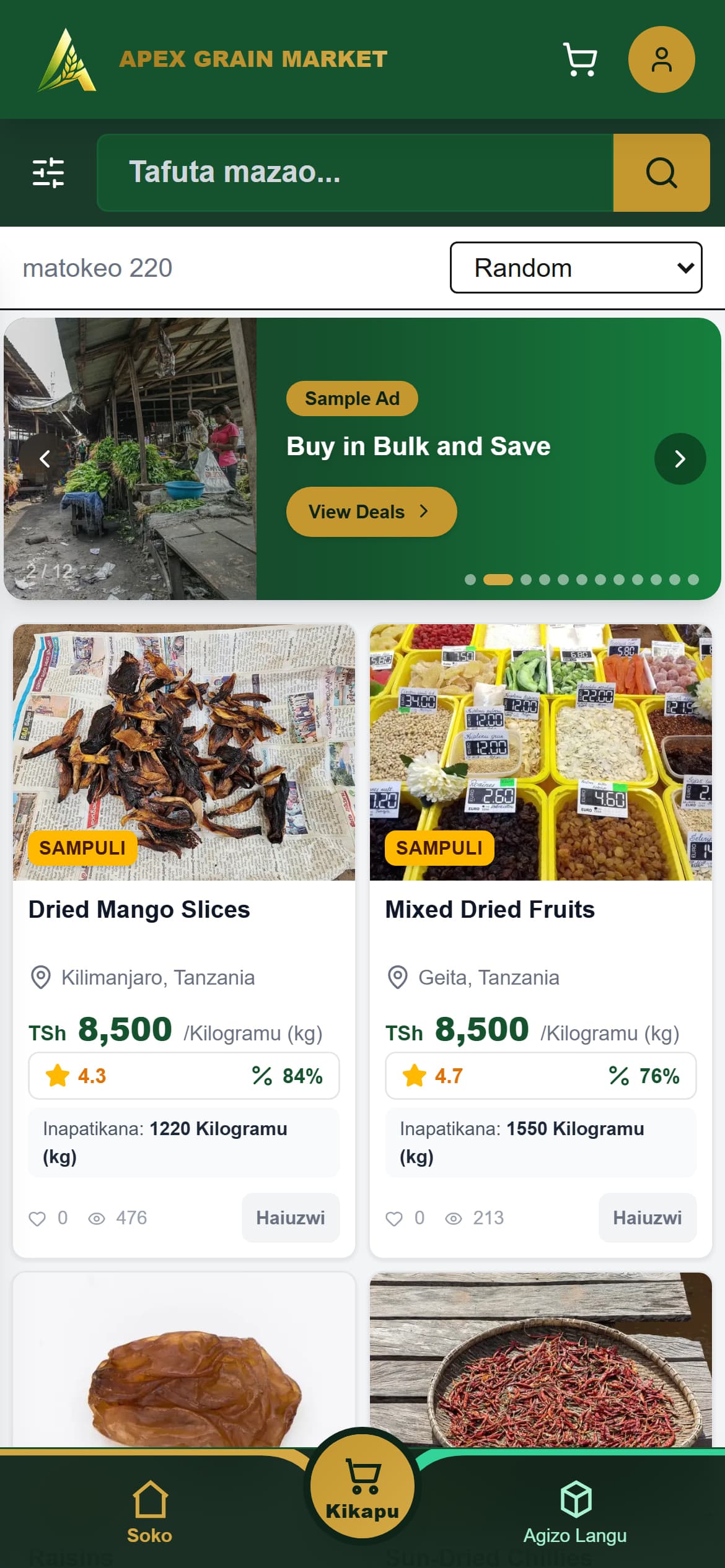 Apex Grain Market home page on a phone in Kiswahili: crop search, a promoted-ad banner, two-column sample crop listings, and the bottom navigation with the cart in the centre.