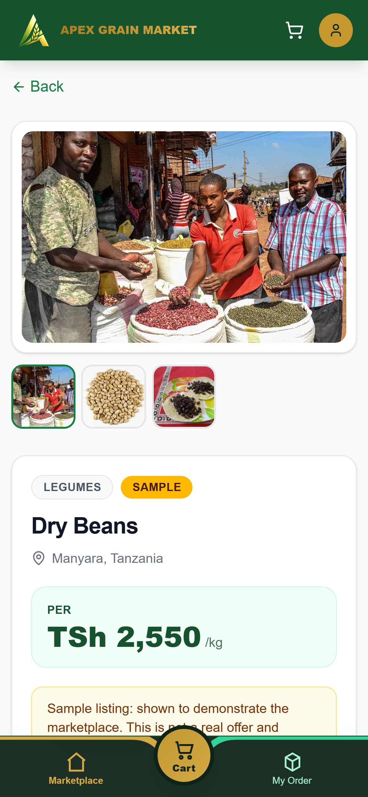 Apex Grain Market product page on a phone in English for sample dry beans from Manyara: a photo gallery, category and sample badges, and the price per kilogram.