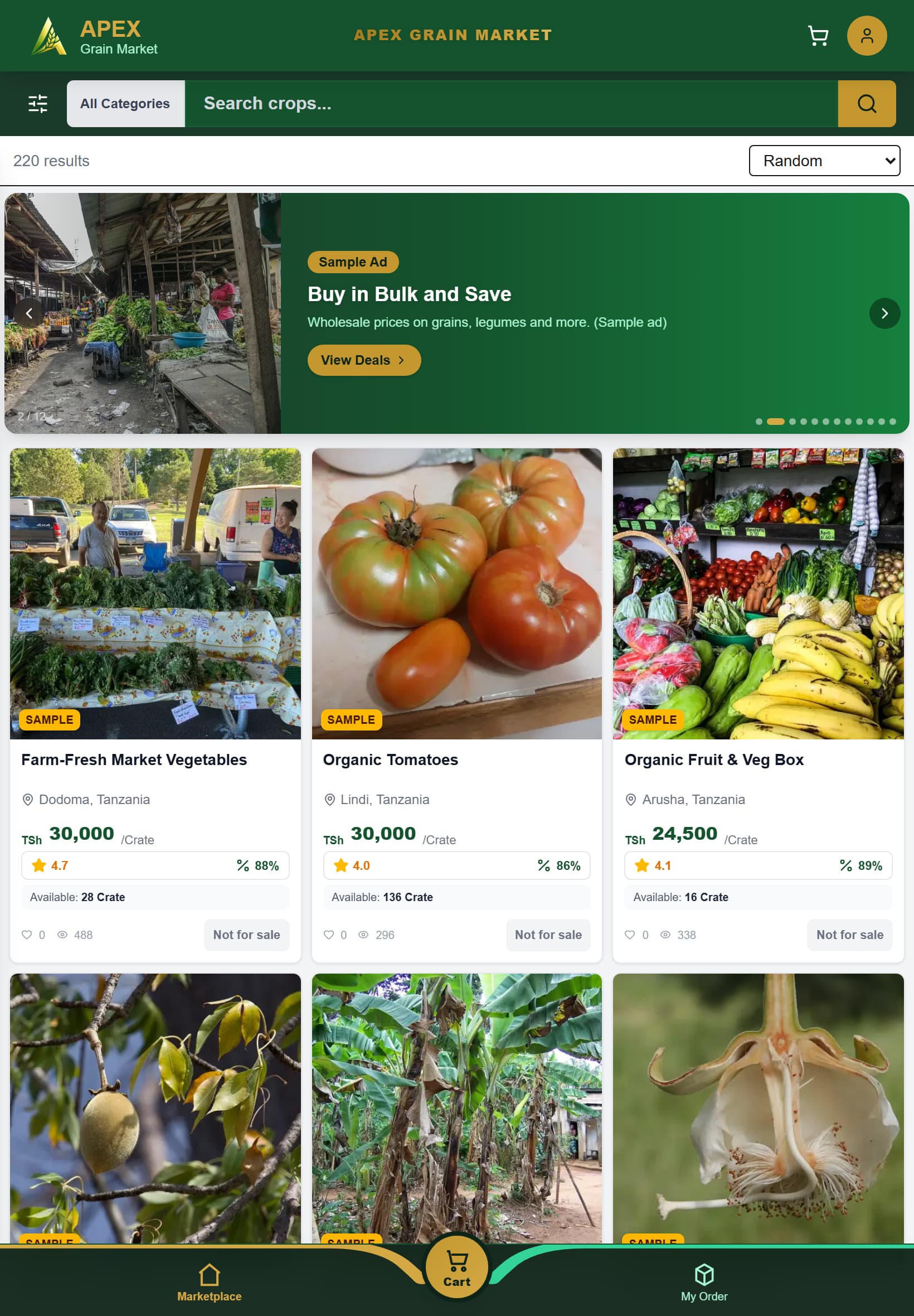 Apex Grain Market marketplace on a tablet in English: search, a promoted-ad banner and a three-column grid of sample crop listings, with the bottom navigation bar.