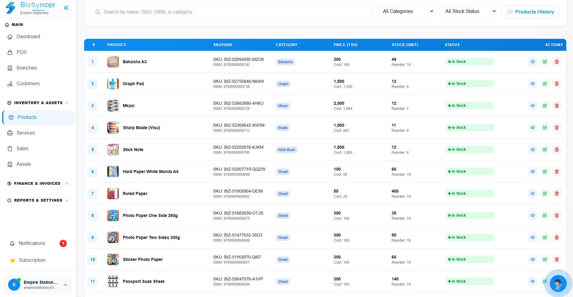 BizSyncer products list on desktop: search with category and stock-status filters, and a table of stationery items showing SKU and ISBN, category, price and cost, stock with reorder level, in-stock status, and view, edit and delete actions.