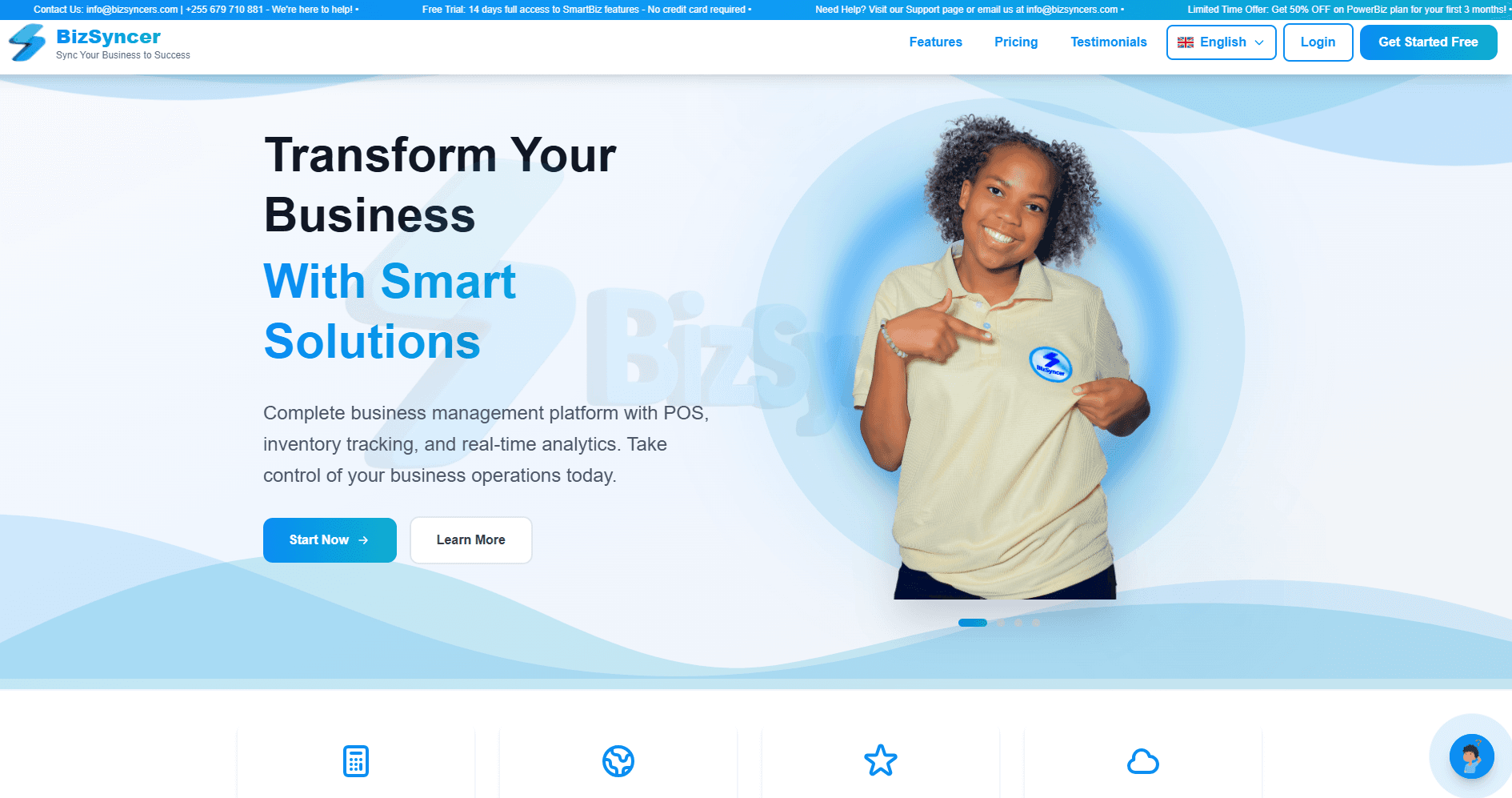 BizSyncer home page on desktop: the headline “Transform Your Business With Smart Solutions”, a summary of point of sale, inventory tracking and real-time analytics, and Start Now and Learn More buttons.