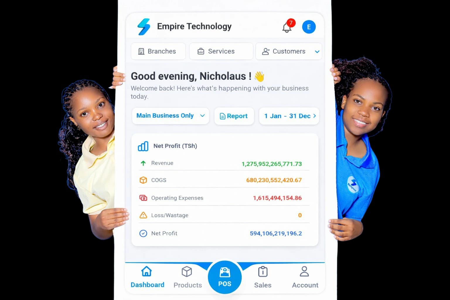 BizSyncer mobile app dashboard on a large phone screen held up by two smiling people, one in a BizSyncer shirt: business, report and date-range selectors, a net profit summary, and the bottom navigation with a central POS button.