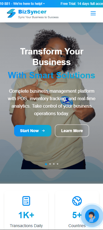BizSyncer home page on a phone: the headline “Transform Your Business With Smart Solutions”, a summary of point of sale, inventory tracking and real-time analytics, Start Now and Learn More buttons, and the start of a row of headline statistics.