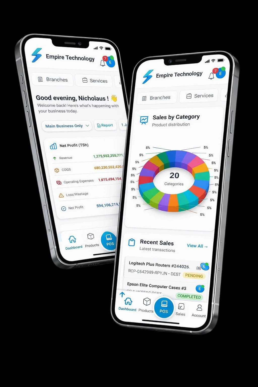 BizSyncer mobile app on two phones: a dashboard greeting with a net profit summary, and a sales by category chart above recent sales.