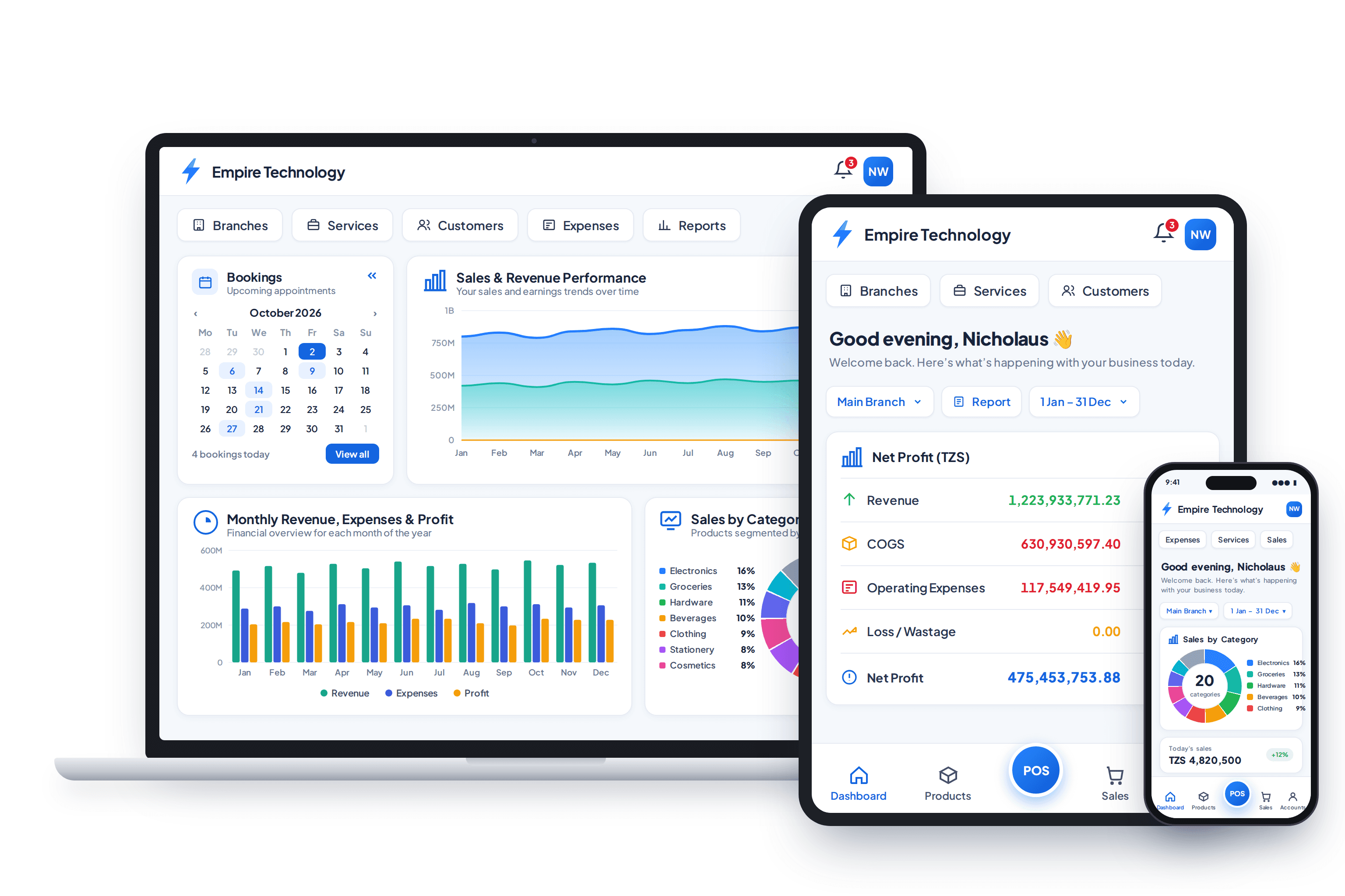 BizSyncer dashboard on a laptop, a tablet and a phone for Empire Technology: a bookings calendar, sales and revenue performance, monthly revenue, expenses and profit, sales by category, a net profit summary, and the mobile bottom navigation with a central POS button.