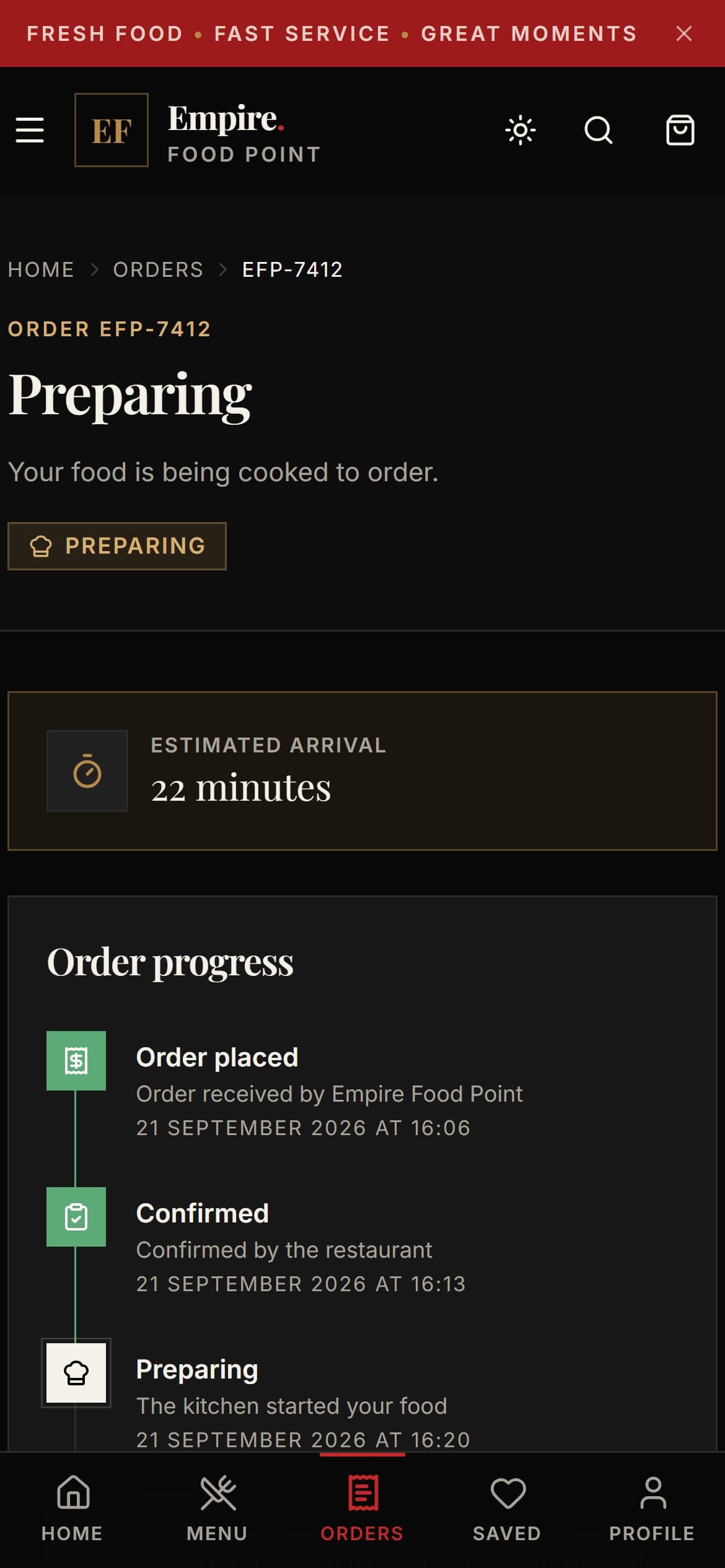 Empire Food Point order tracking on a phone in the dark theme for order EFP-7412: a Preparing status, a 22-minute estimated arrival and a timestamped order progress timeline.