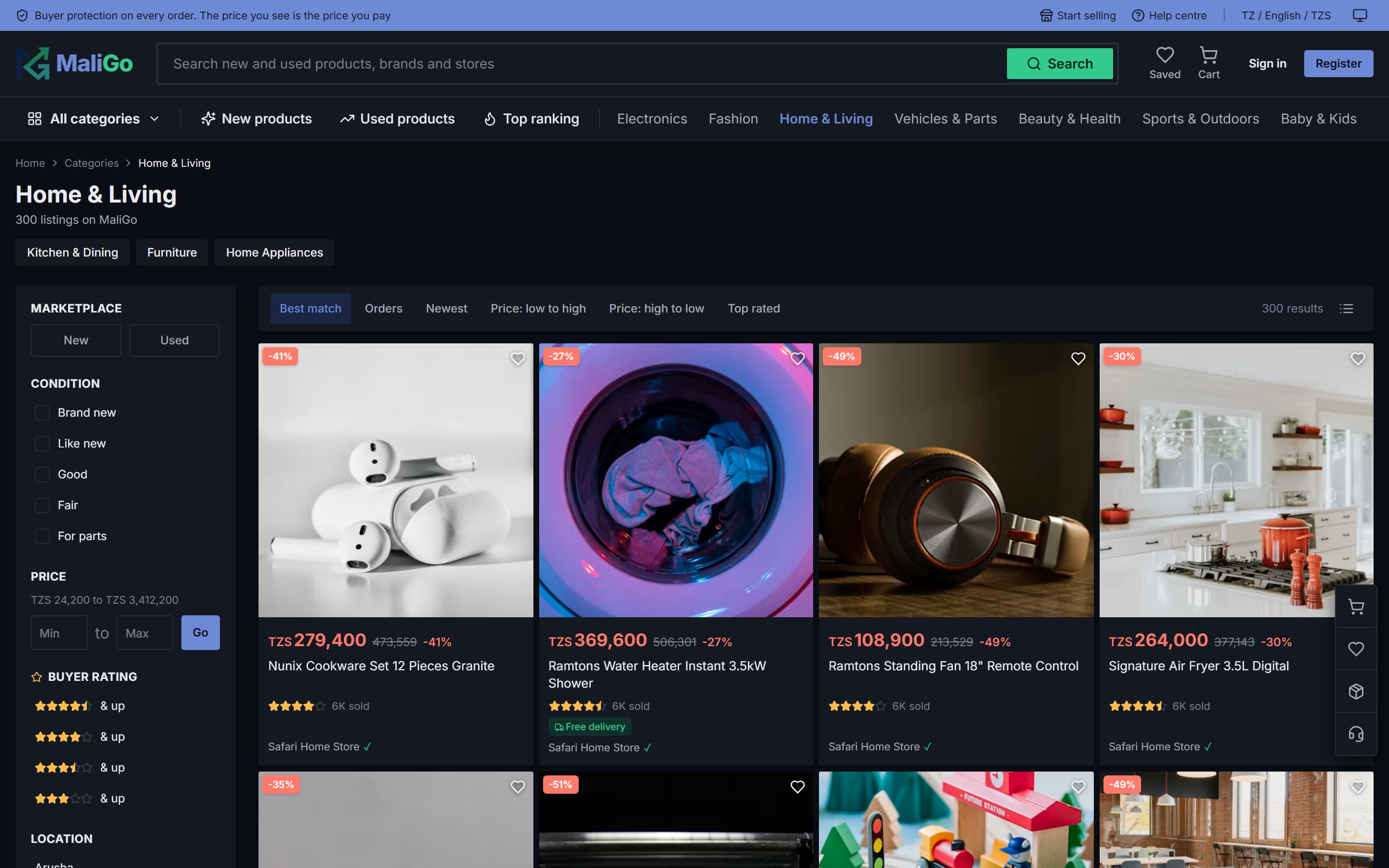 MaliGo Home & Living category on desktop in the dark theme: subcategory shortcuts, filters for marketplace, condition, price and rating, sort options and a grid of discounted listings.
