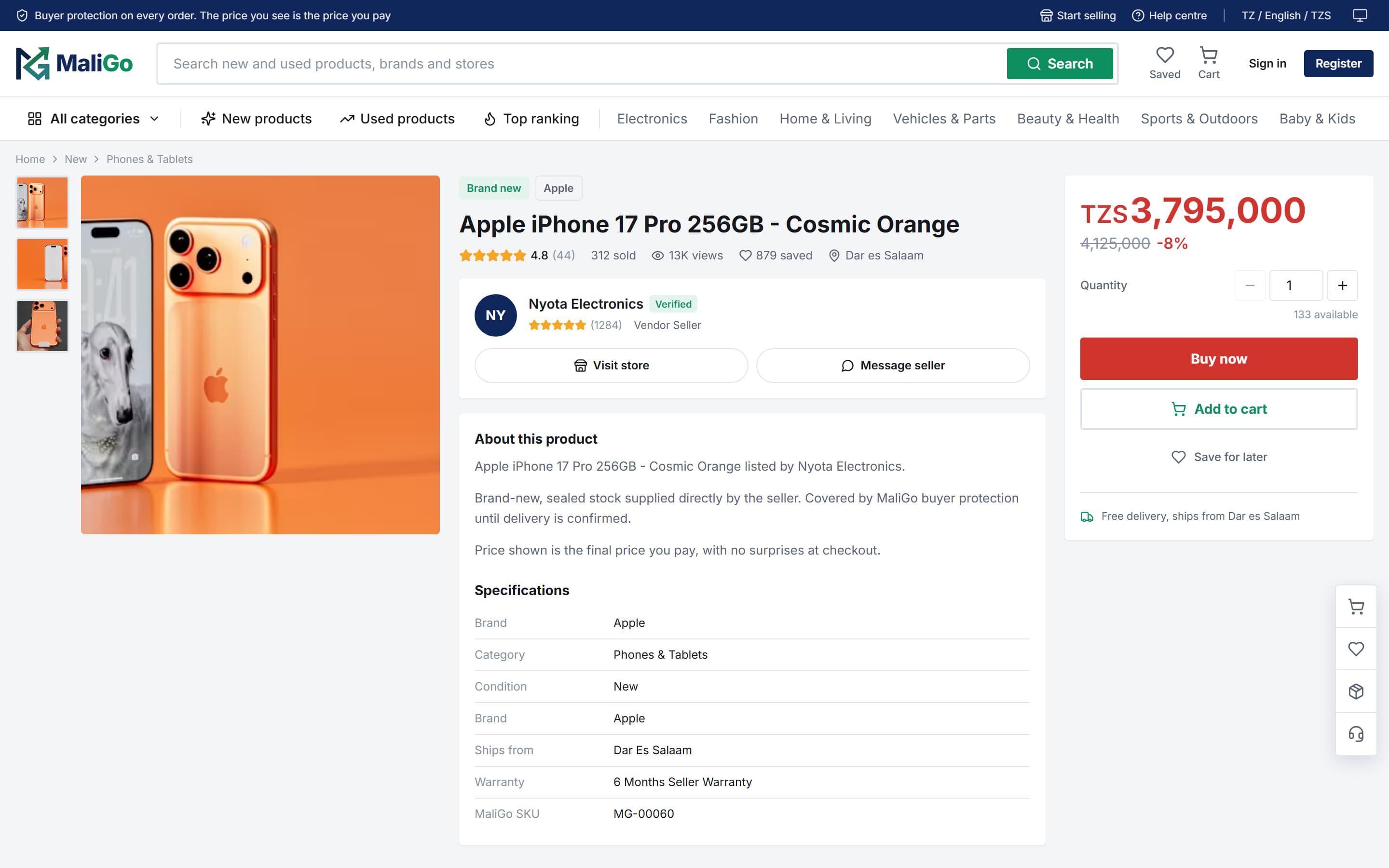 MaliGo product page on desktop in the light theme for an Apple iPhone 17 Pro: image gallery, verified seller card, specifications, and a buy box with price, quantity, Buy now and Add to cart.