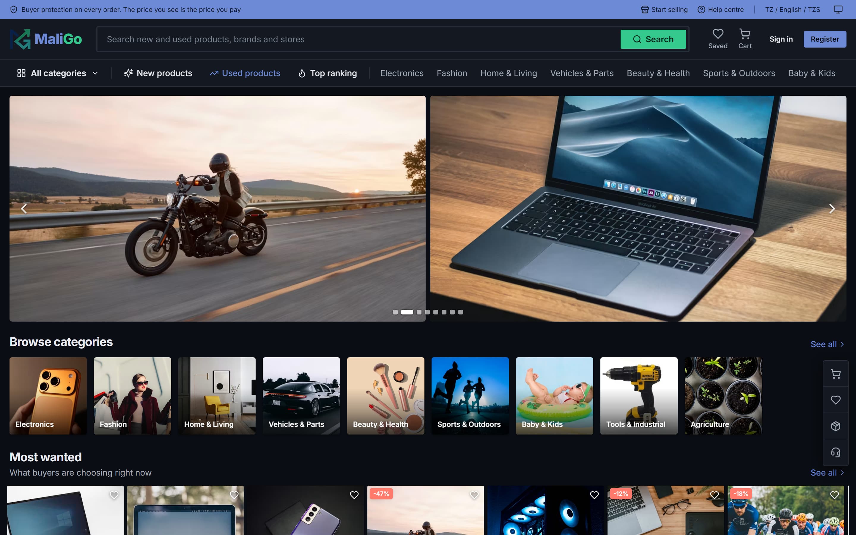 MaliGo used-products marketplace on desktop in the dark theme: a two-panel banner carousel, image tiles for browsing categories, and the Most wanted product row.