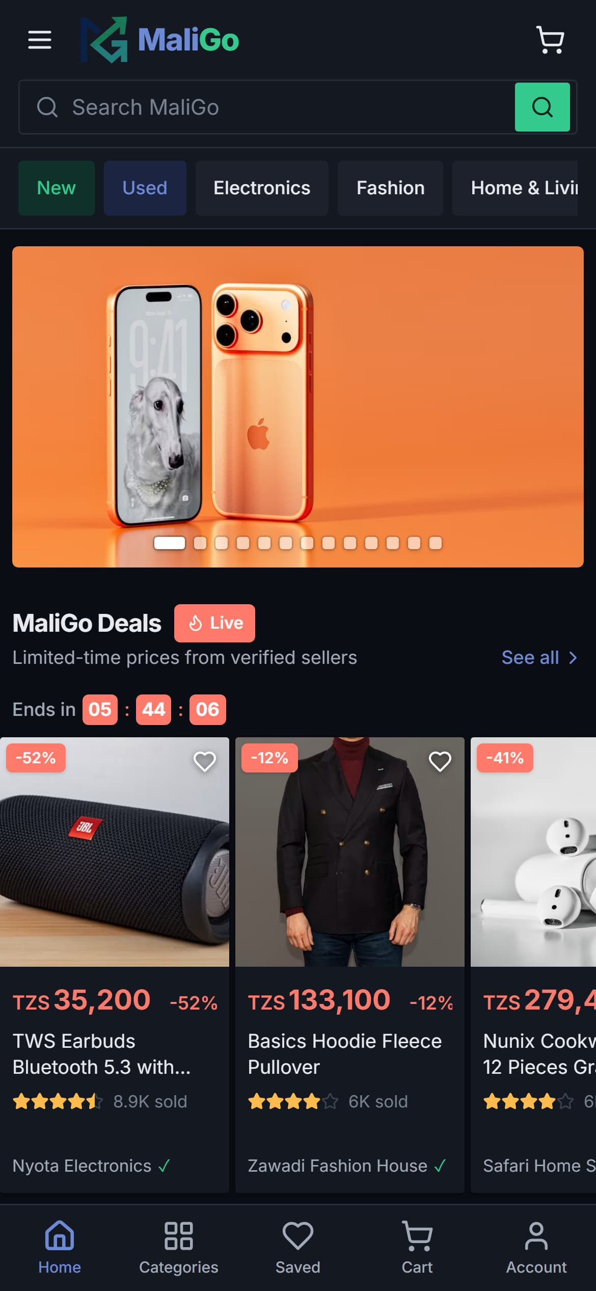 MaliGo home page on a phone in the dark theme: search, New and Used shortcuts, a promotional banner, live deals and a bottom navigation bar.