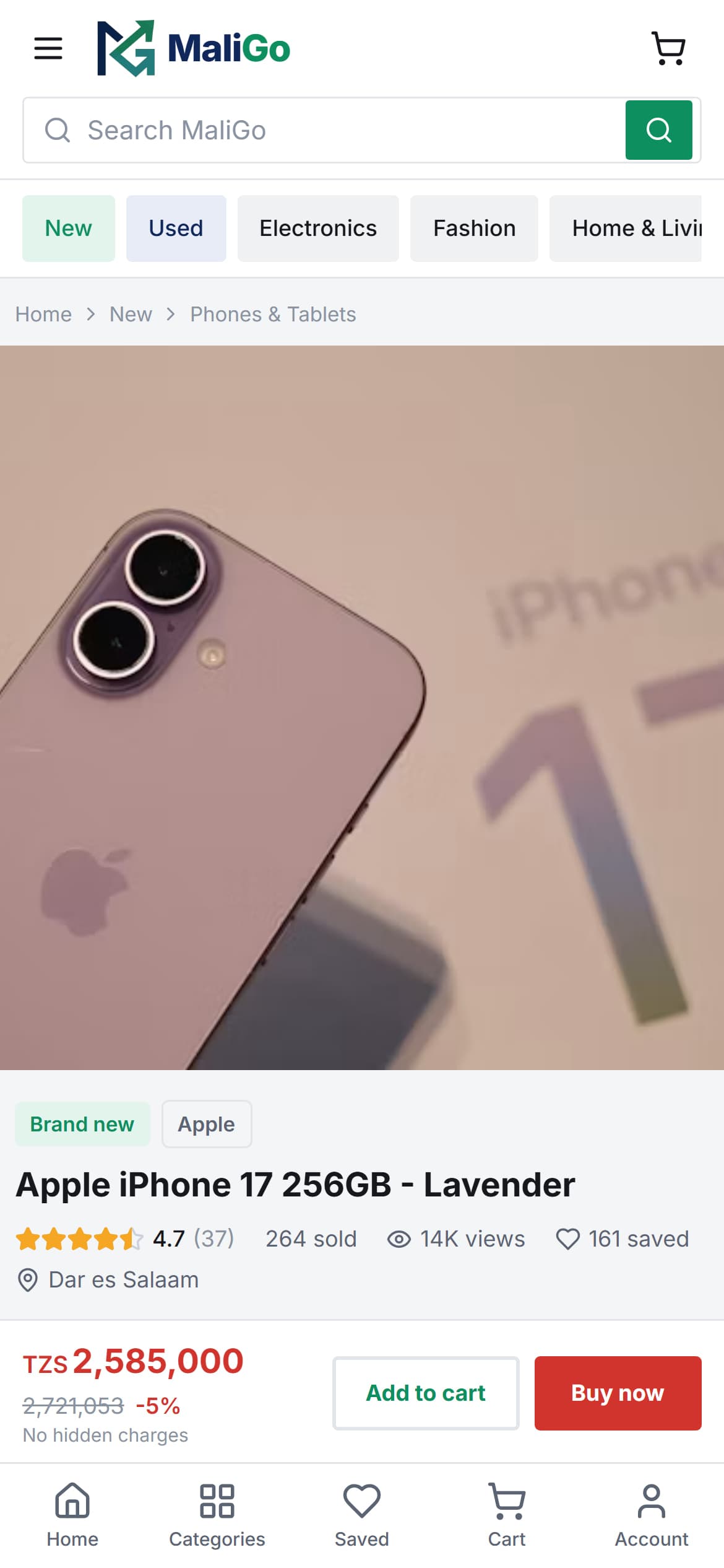 MaliGo product page on a phone in the light theme for a brand-new Apple iPhone 17, with rating, sales and views, and a sticky price bar with Add to cart and Buy now.