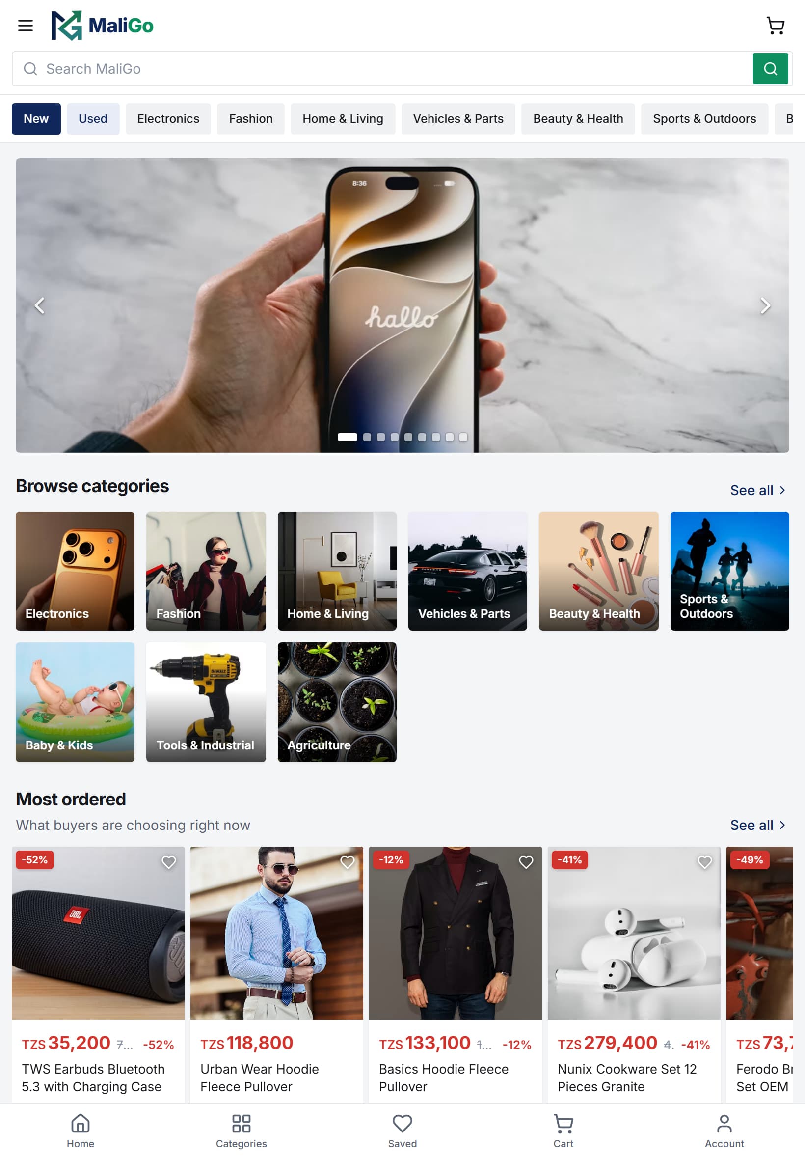 MaliGo new-products marketplace on a tablet in the light theme: category chips, a banner carousel, category tiles and the Most ordered product row.