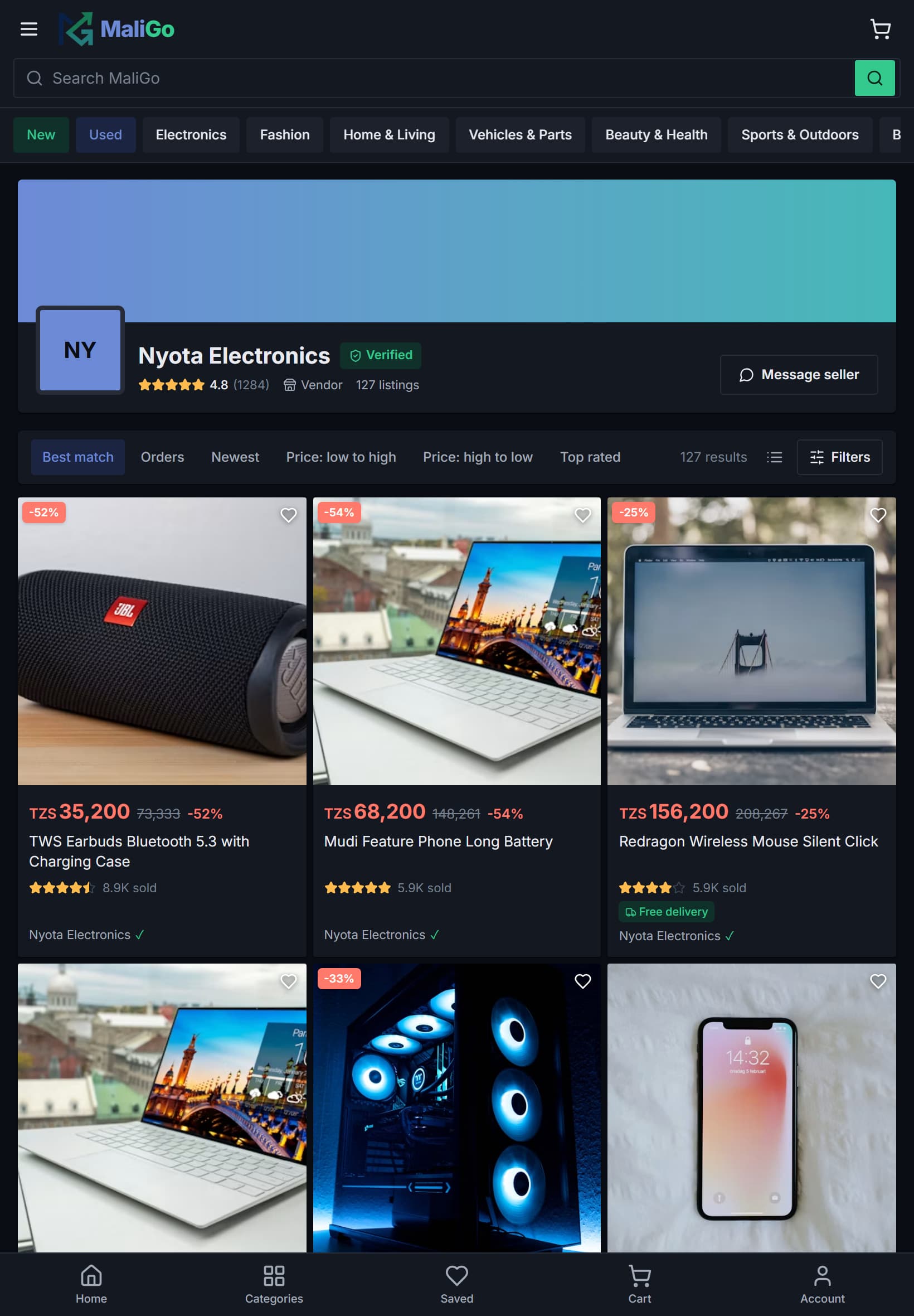 MaliGo seller store page on a tablet in the dark theme: a verified vendor header with rating and Message seller, sorting options, a Filters button and a grid of the store's listings.