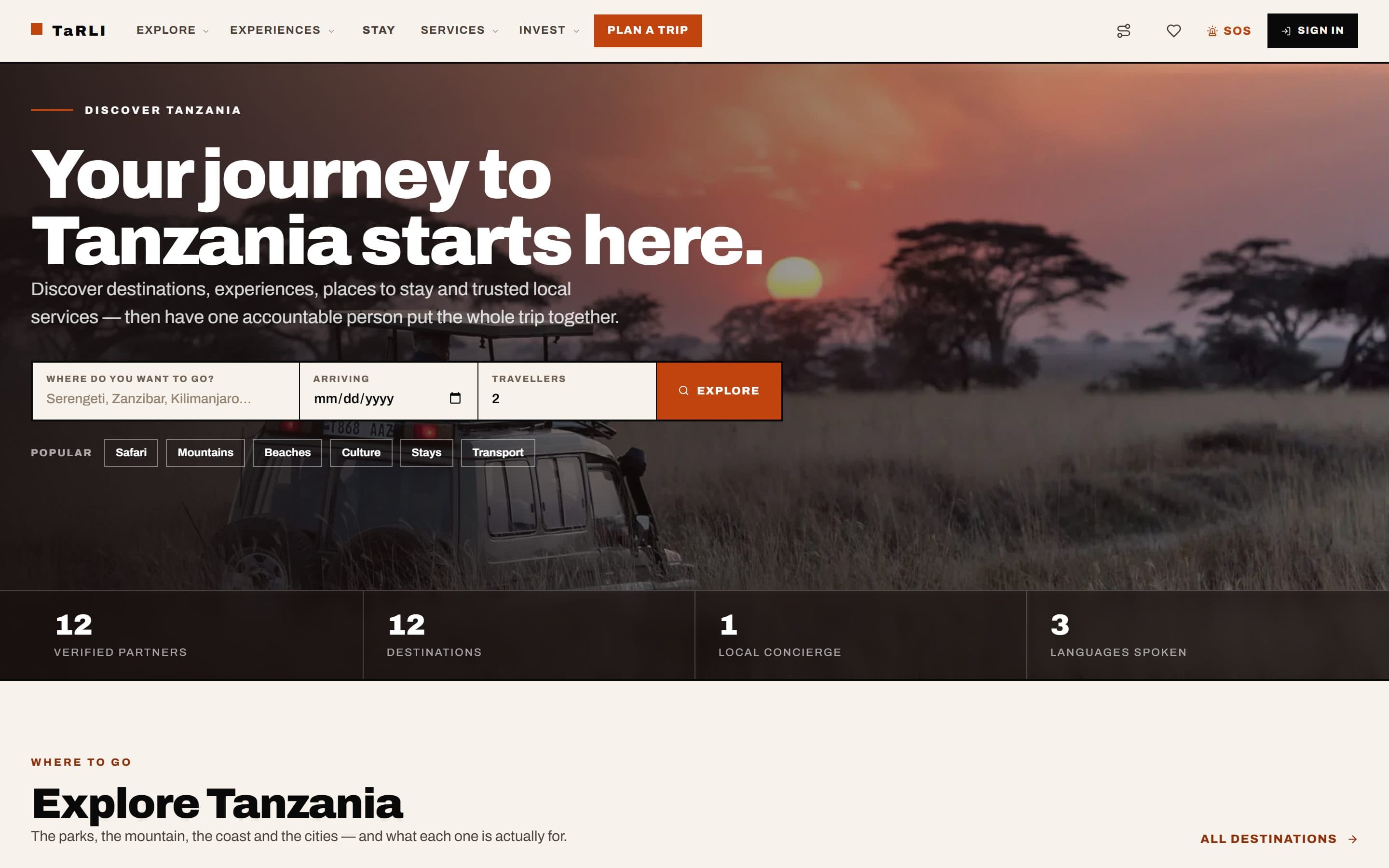 TaRLI visitor home page on desktop: the “Your journey to Tanzania starts here.” headline over a safari sunset, a destination, arrival date and travellers search with an Explore button, popular shortcuts from Safari to Transport, and counts of verified partners, destinations, local concierge and languages spoken.
