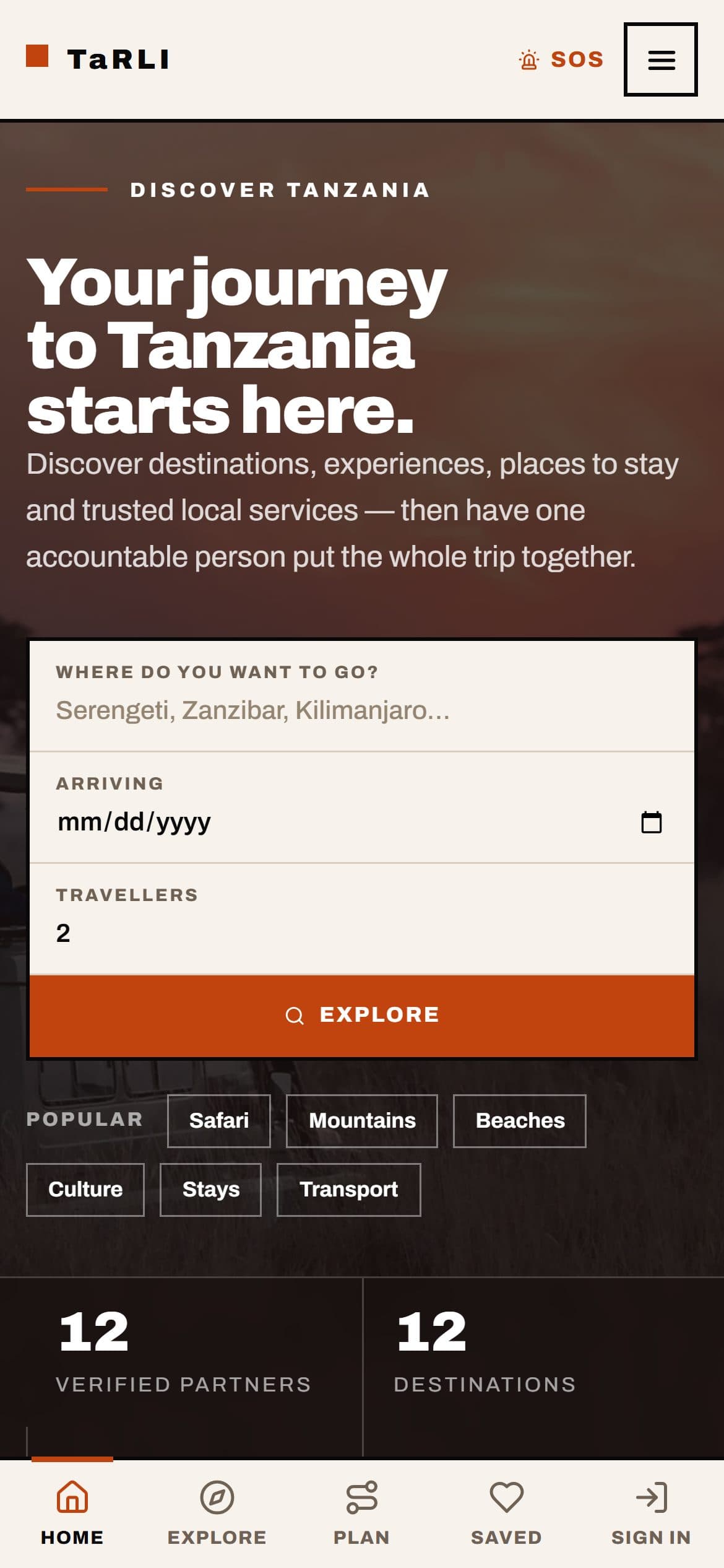 TaRLI visitor home page on a phone: the “Your journey to Tanzania starts here.” headline, a stacked destination, arrival date and travellers search with an Explore button, popular shortcuts, and a bottom tab bar with Home, Explore, Plan, Saved and Sign in.