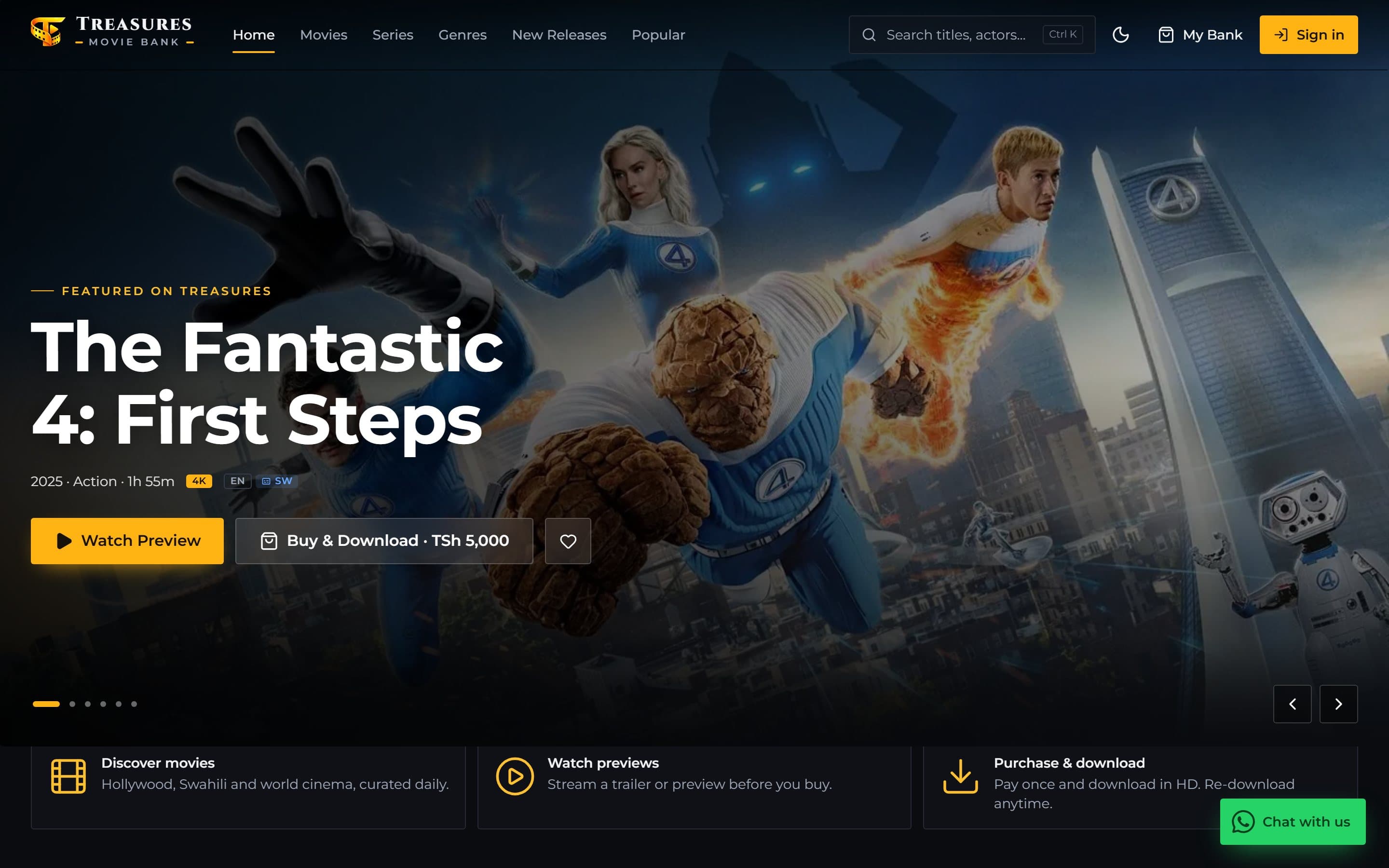 Treasures Movie Bank home page on desktop in the dark theme: the featured banner for The Fantastic 4: First Steps with Watch Preview and Buy & Download · TSh 5,000 buttons, slide controls, and cards for discovering movies, watching previews and purchasing downloads.