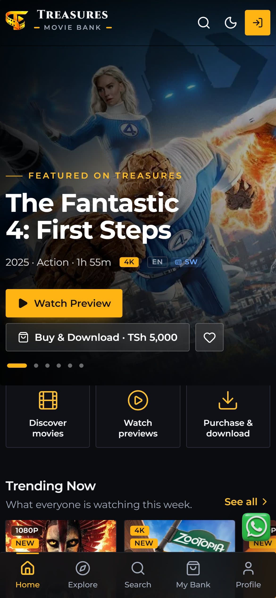 Treasures Movie Bank home page on a phone in the dark theme: the featured banner for The Fantastic 4: First Steps with Watch Preview and Buy & Download buttons, three feature cards, the start of Trending Now, and the bottom navigation bar.