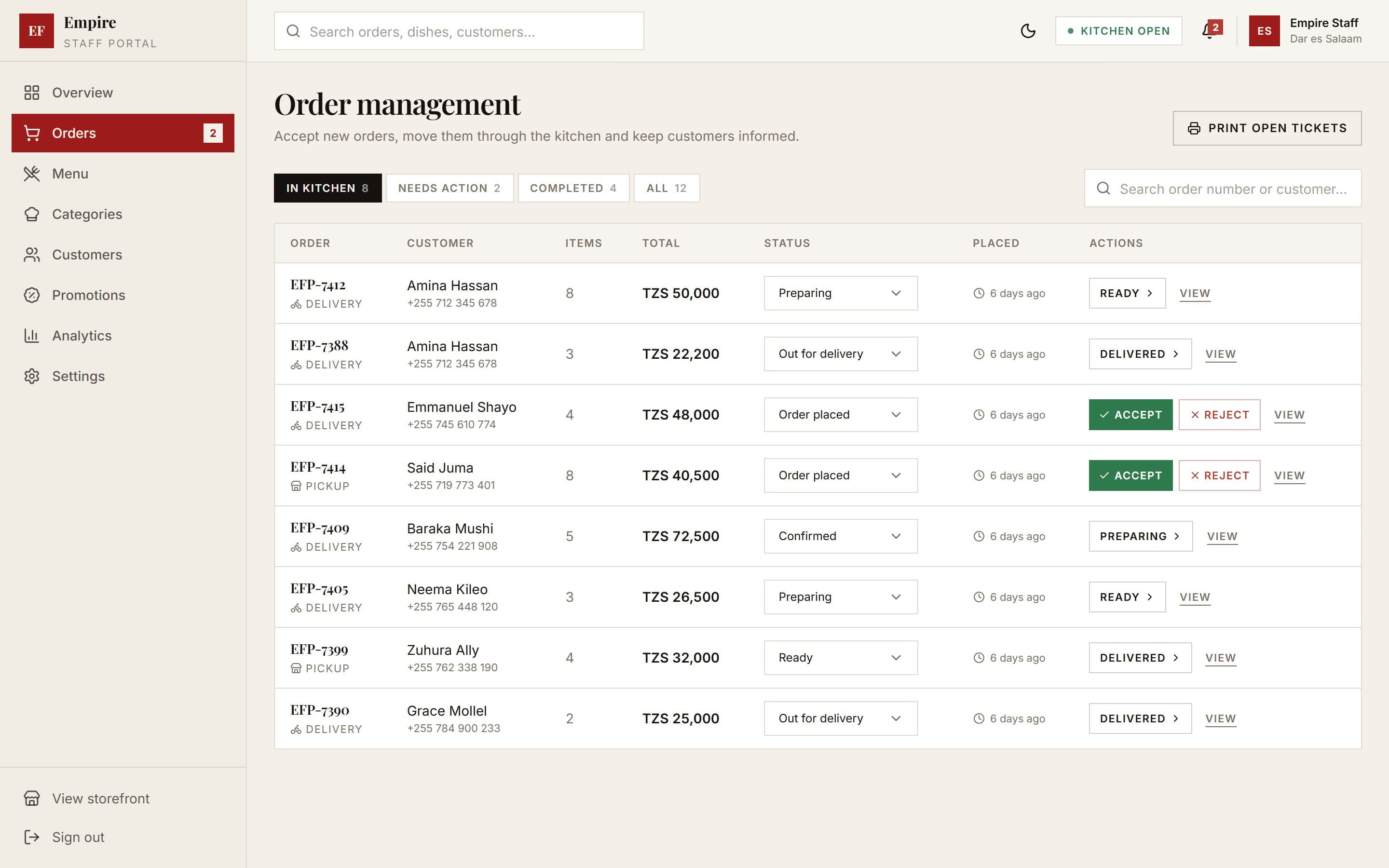 Empire Food Point staff order management on desktop in the light theme: orders filtered by kitchen status, with customer, items, total, a status selector and Accept, Reject and next-step actions.