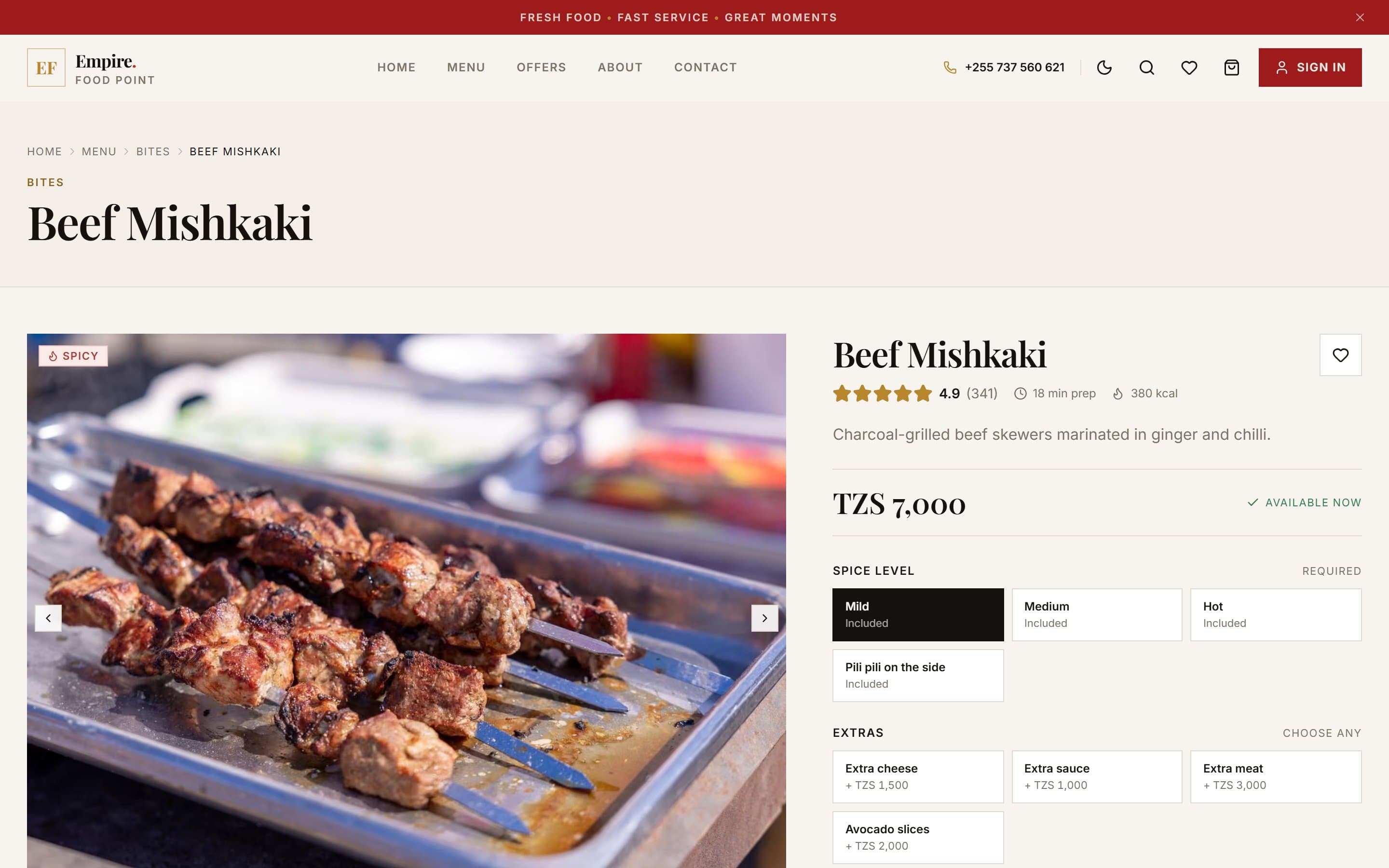 Empire Food Point dish page on desktop in the light theme for Beef Mishkaki: photo gallery, rating, prep time and calories, price, and customisation options for spice level and extras.