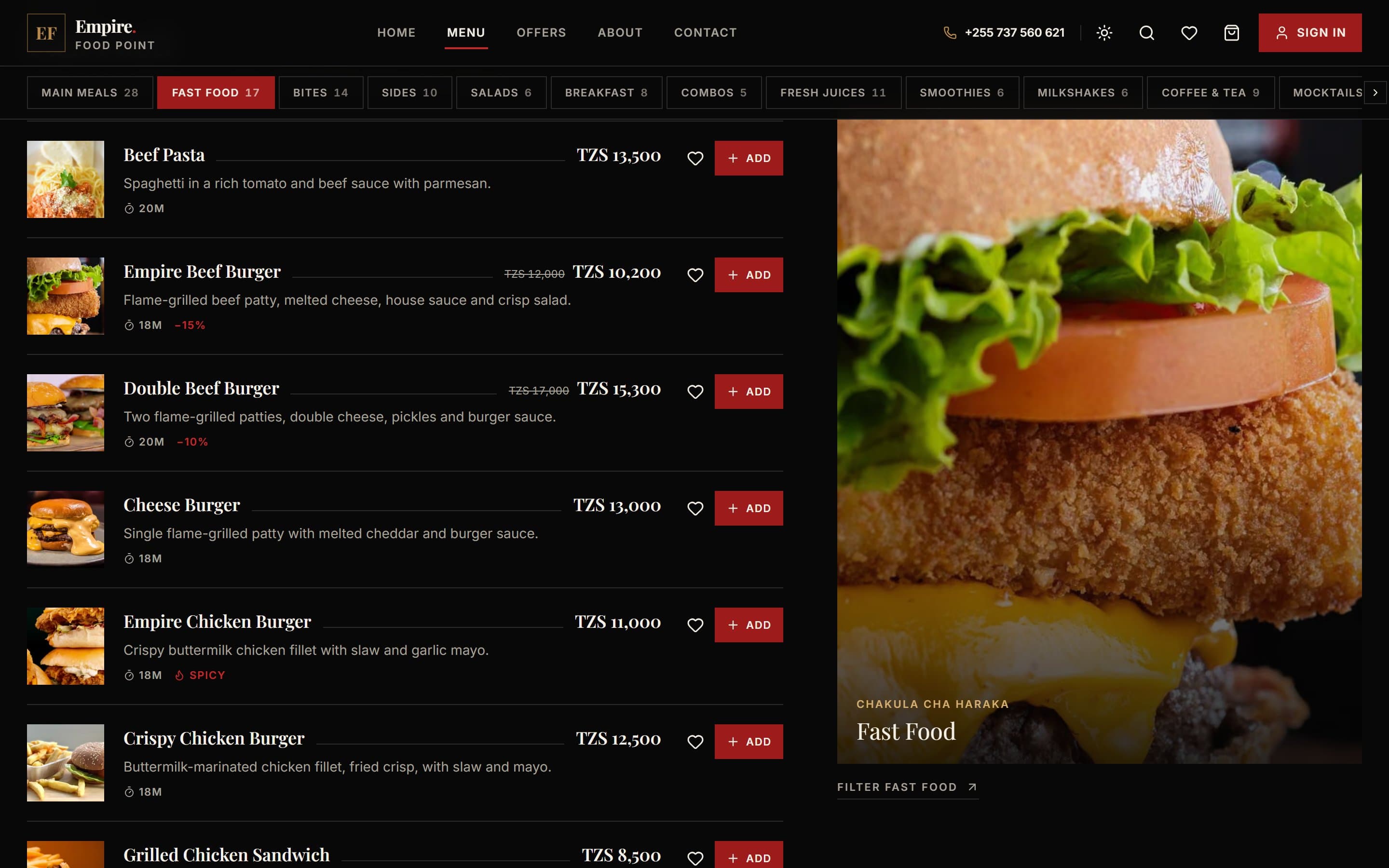 Empire Food Point menu on desktop in the dark theme: a sticky bar of menu sections with Fast Food selected, a list of burgers and pasta with prices, discounts, prep times, favourite and Add buttons, and a Fast Food feature photo.