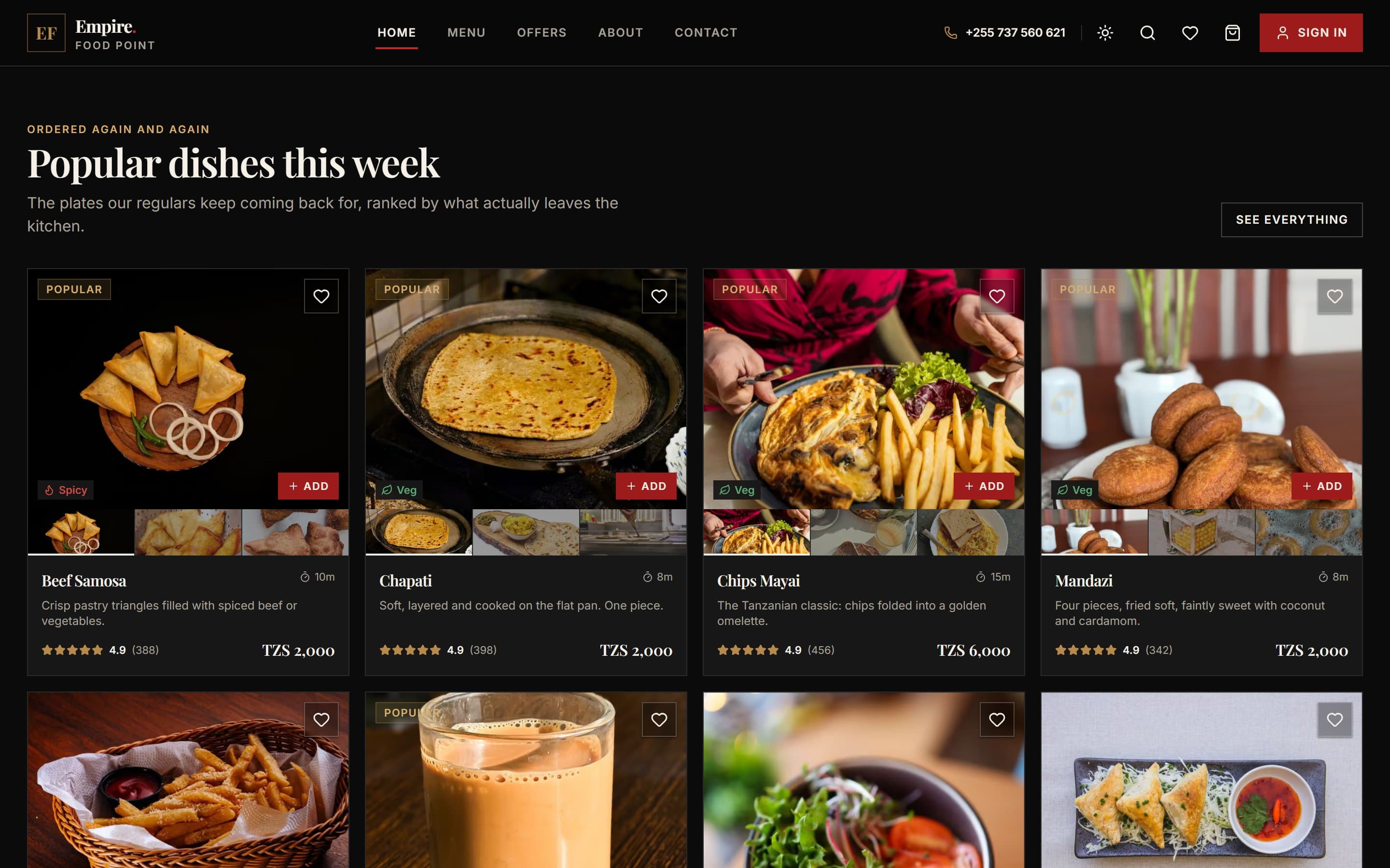Empire Food Point “Popular dishes this week” on the desktop home page in the dark theme: dish cards for Beef Samosa, Chapati, Chips Mayai and Mandazi with photo strips, spicy and veg tags, prep times, ratings, prices and Add buttons.