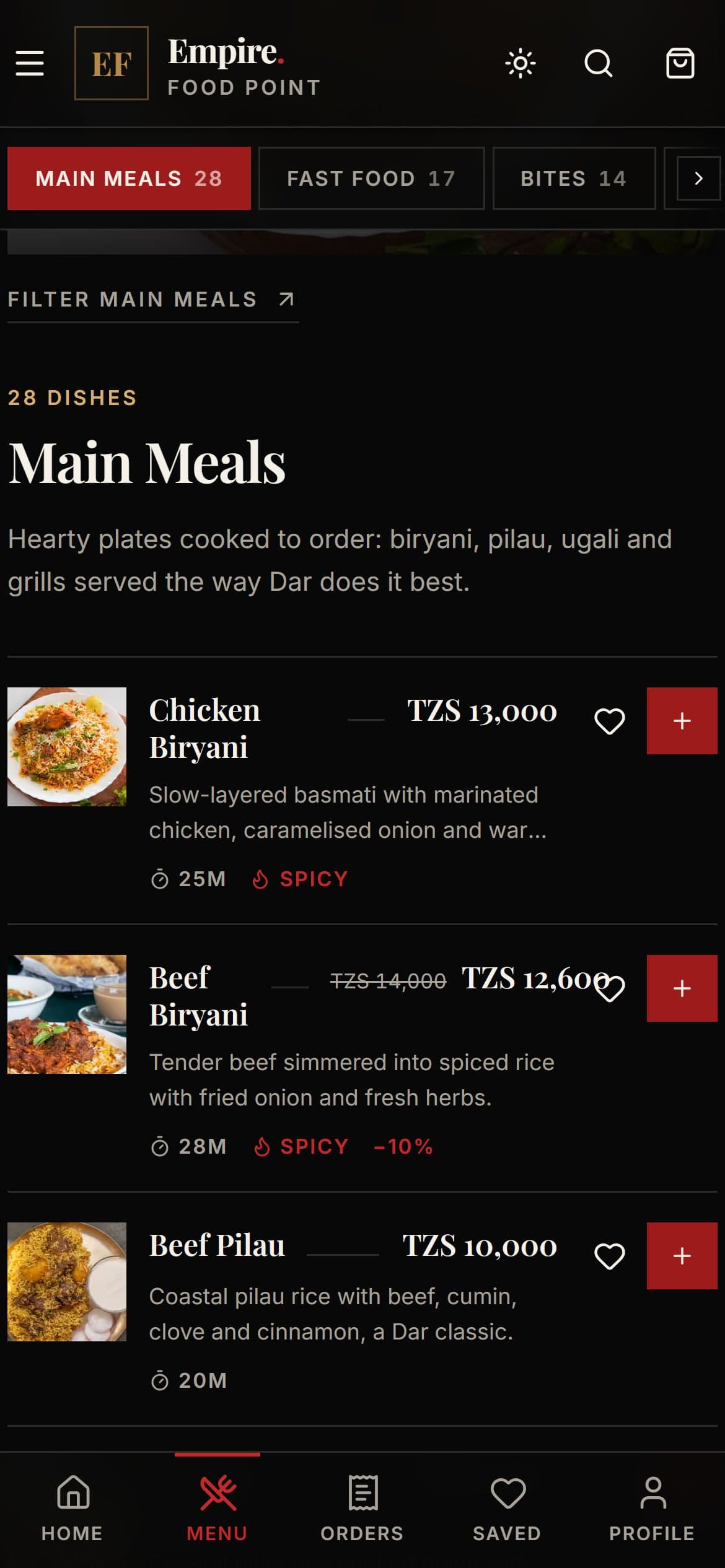 Empire Food Point menu on a phone in the dark theme: a sticky row of menu sections, the Main Meals heading, and dishes with prices, prep times, spicy and discount tags, favourite and add buttons.