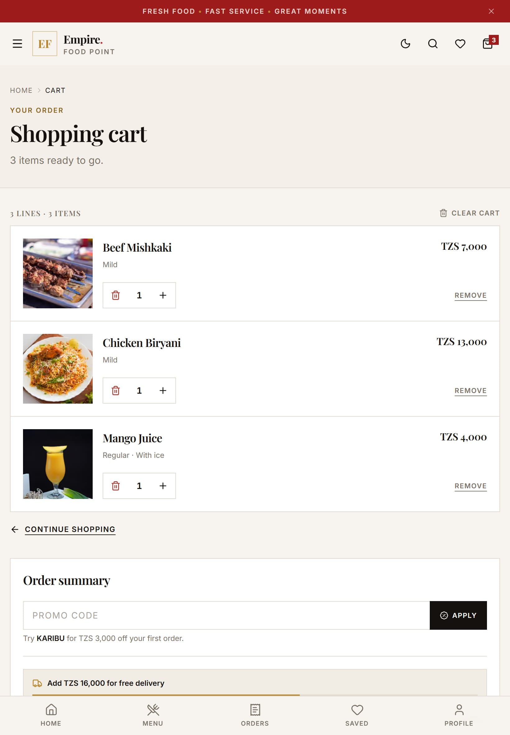 Empire Food Point shopping cart on a tablet in the light theme: Beef Mishkaki, Chicken Biryani and Mango Juice with their options and quantity controls, a promo code field and a free-delivery progress bar.