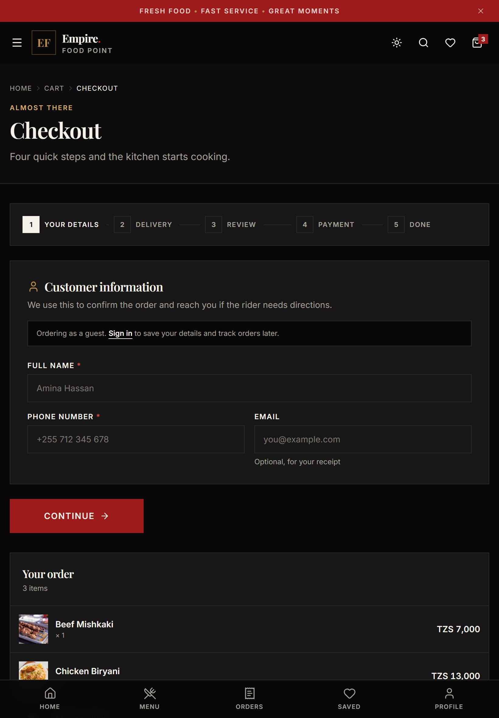 Empire Food Point checkout on a tablet in the dark theme: a five-step progress bar, the customer information form for guest ordering, and the order summary.