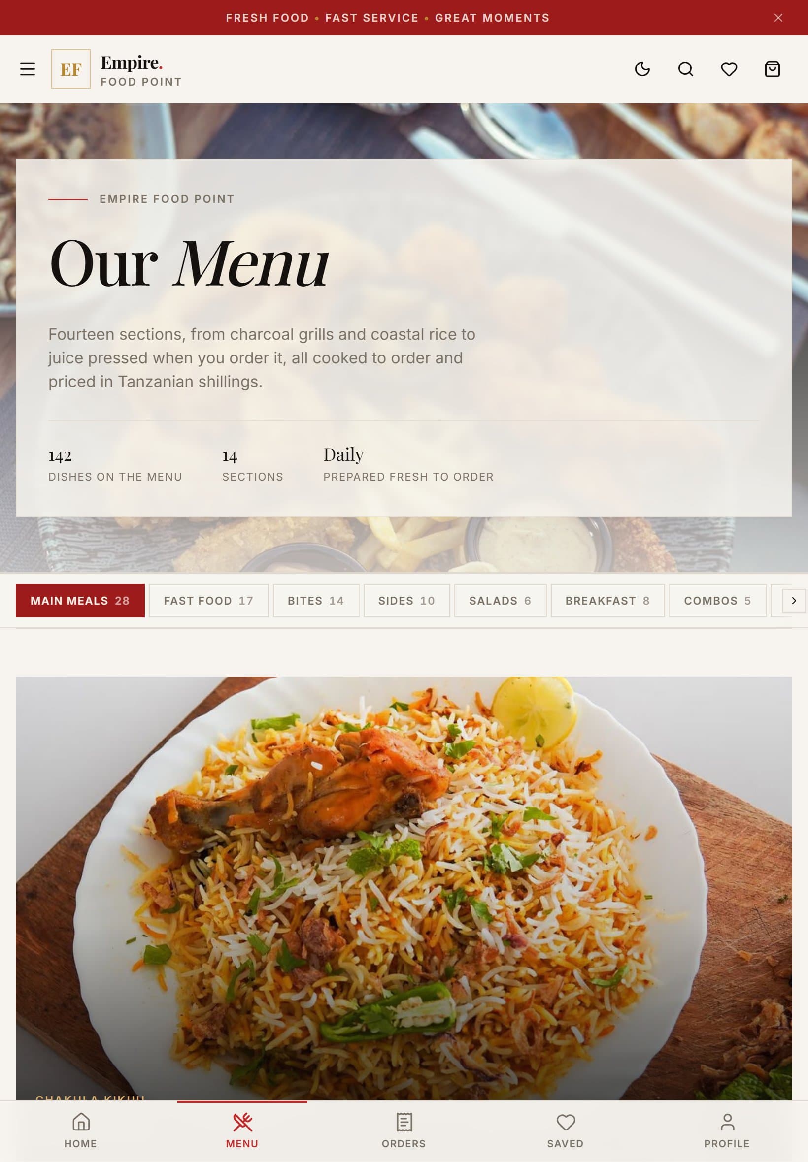 Empire Food Point menu on a tablet in the light theme: the Our Menu header with dish and section counts, a row of menu sections from Main Meals to Combos, and the Main Meals feature image.