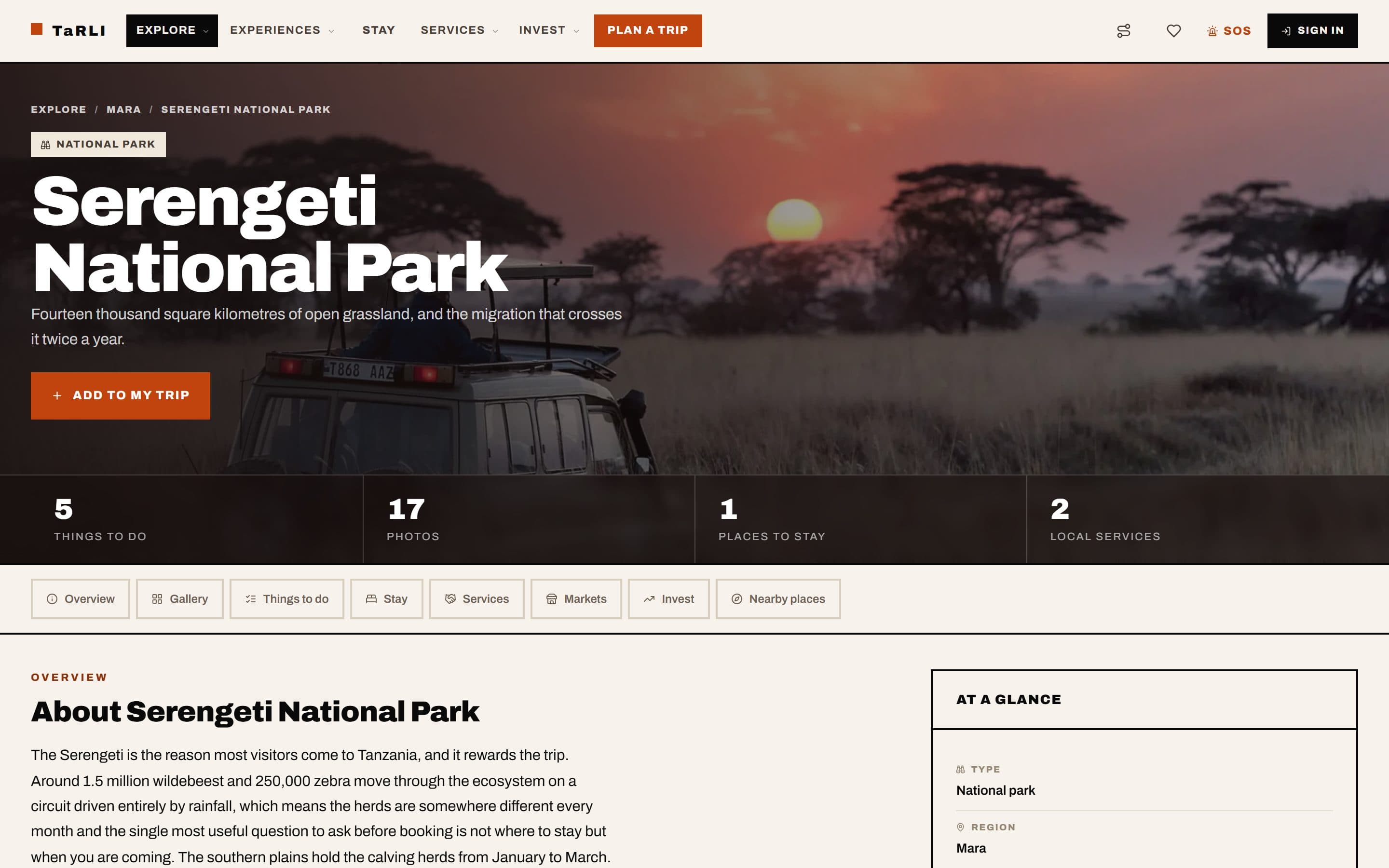 TaRLI destination page on desktop for Serengeti National Park: breadcrumbs, a national park badge, an Add to my trip button, counts of things to do, photos, places to stay and local services, section tabs, and an overview beside an At a glance panel.