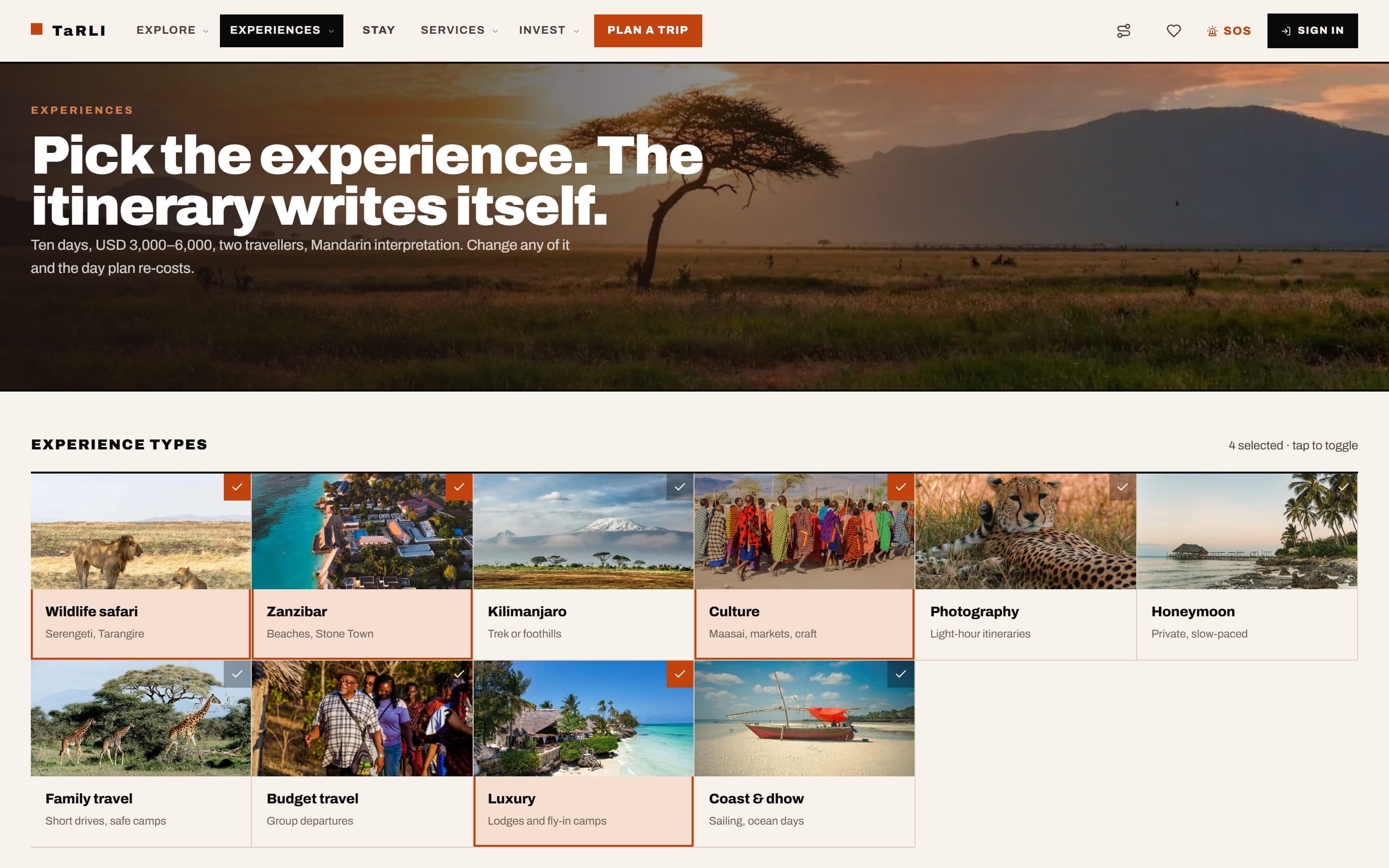 TaRLI experiences page on desktop: the “Pick the experience. The itinerary writes itself.” headline over an acacia landscape, and a grid of selectable experience types from Wildlife safari and Zanzibar to Luxury and Coast & dhow.