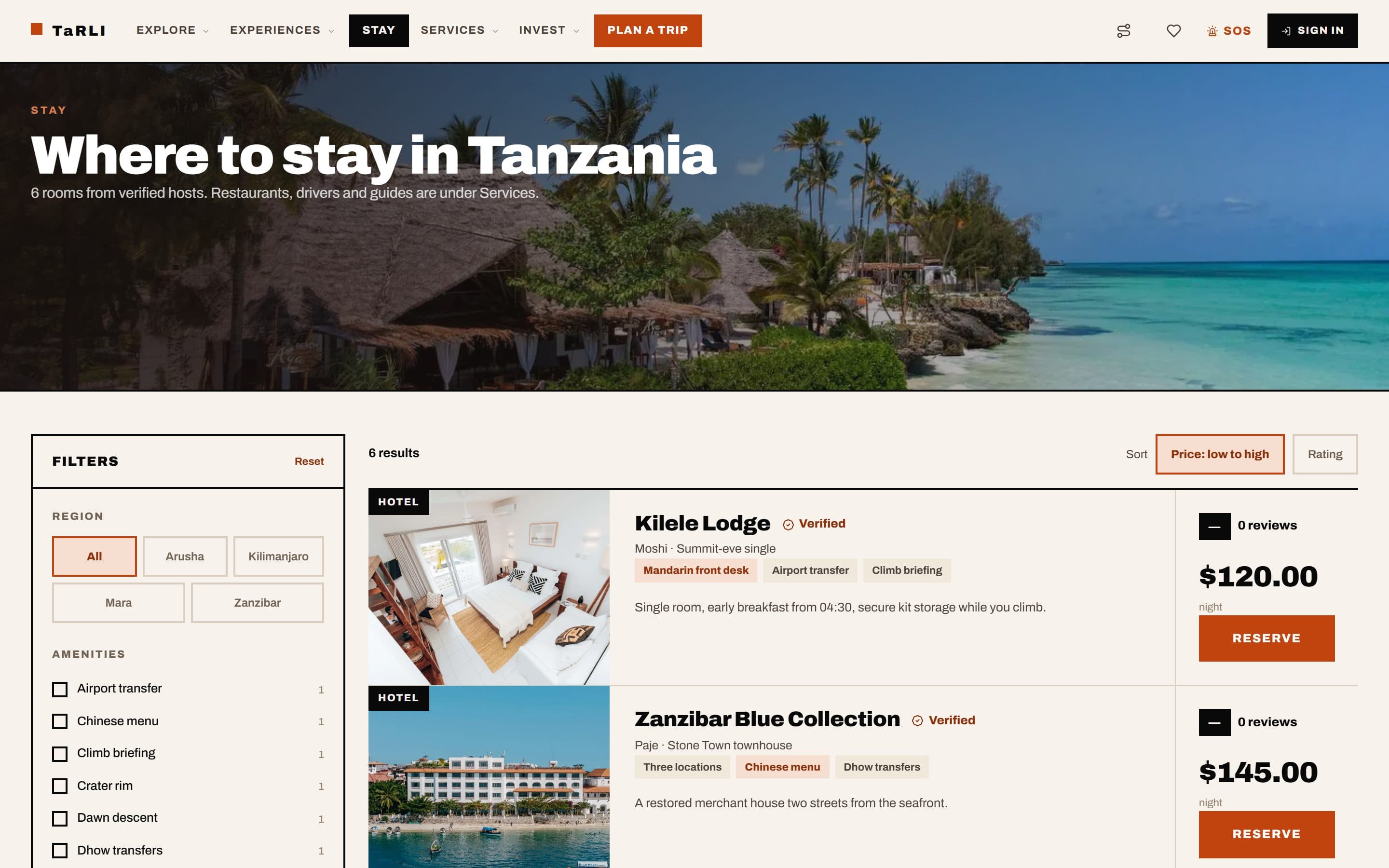TaRLI stays page on desktop: the “Where to stay in Tanzania” hero over a palm-lined beach, region and amenity filters, price and rating sorting, and verified hotel listings with amenity tags, nightly prices and Reserve buttons.