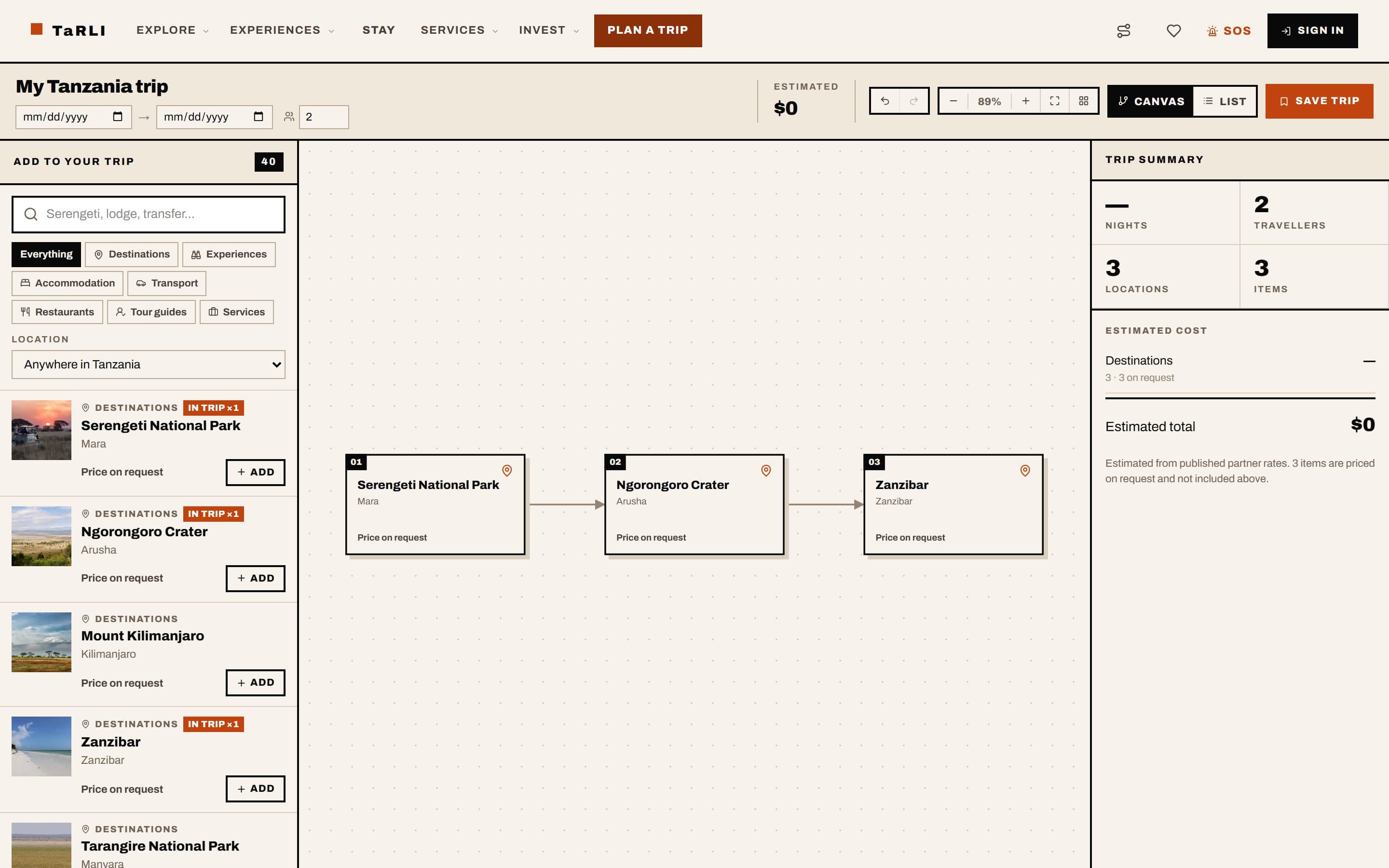 TaRLI trip planner on desktop: a searchable catalogue of destinations, stays, transport and services on the left, Serengeti, Ngorongoro Crater and Zanzibar linked in order on a canvas, and a trip summary of travellers, locations, items and estimated cost.