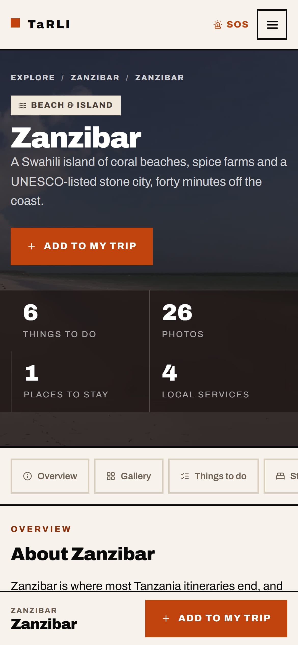 TaRLI destination page on a phone for Zanzibar: a beach and island badge, an Add to my trip button, counts of things to do, photos, places to stay and local services, scrolling section tabs, and Add to my trip pinned to the foot of the screen.