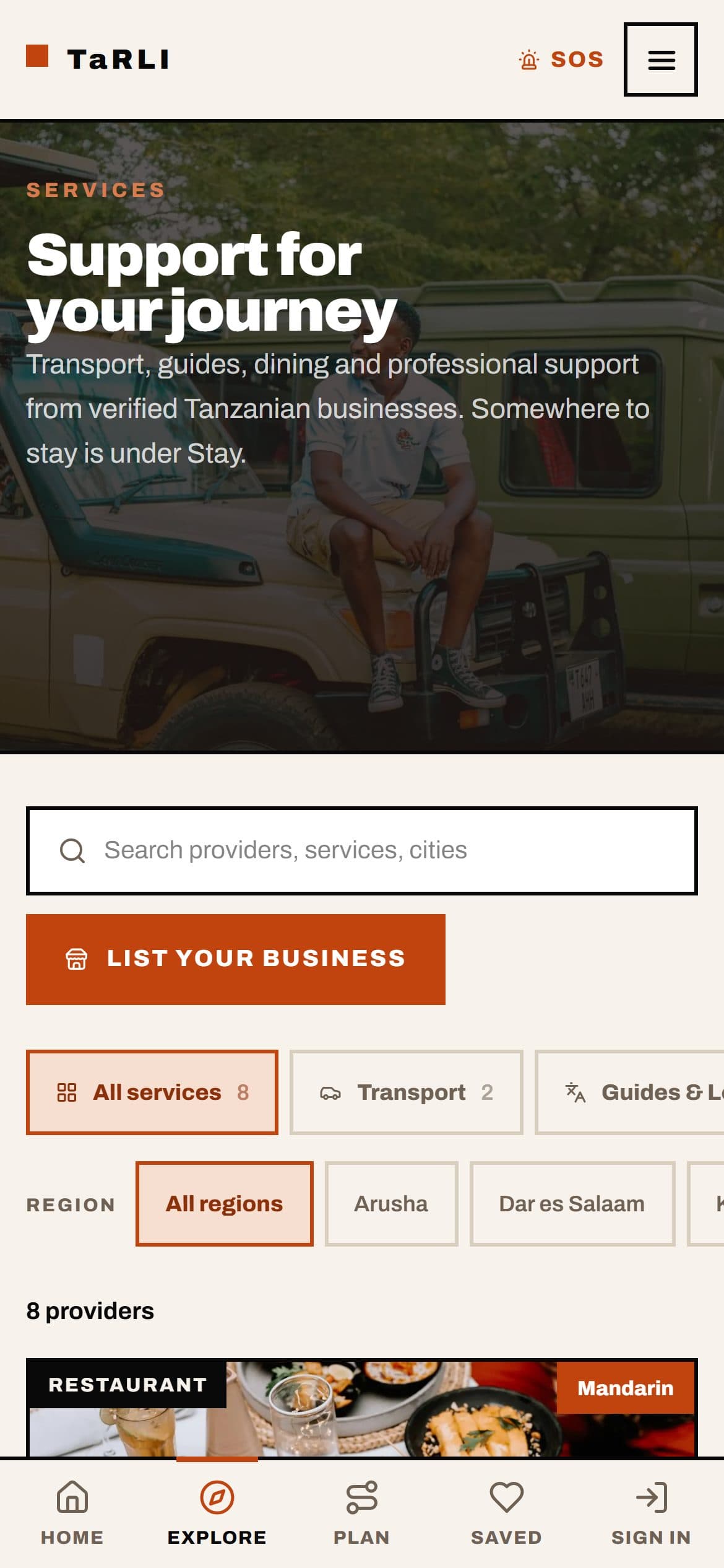 TaRLI services marketplace on a phone: the “Support for your journey” hero, provider search, a List your business button, service category and region filters, the first provider card, and the bottom tab bar.