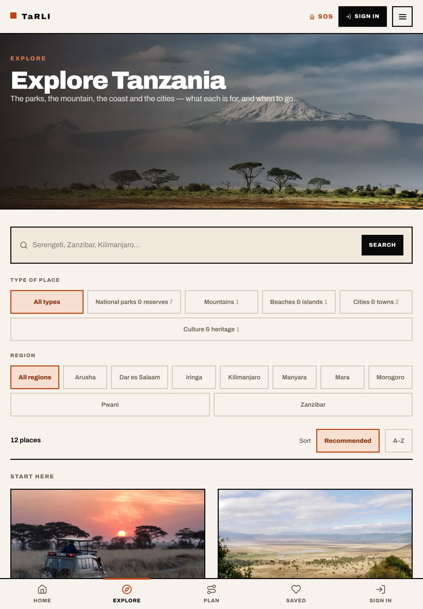 TaRLI Explore Tanzania page on a tablet: a snow-capped mountain hero, destination search, filters by type of place and region, Recommended and A–Z sorting, the first destination cards, and the bottom tab bar.