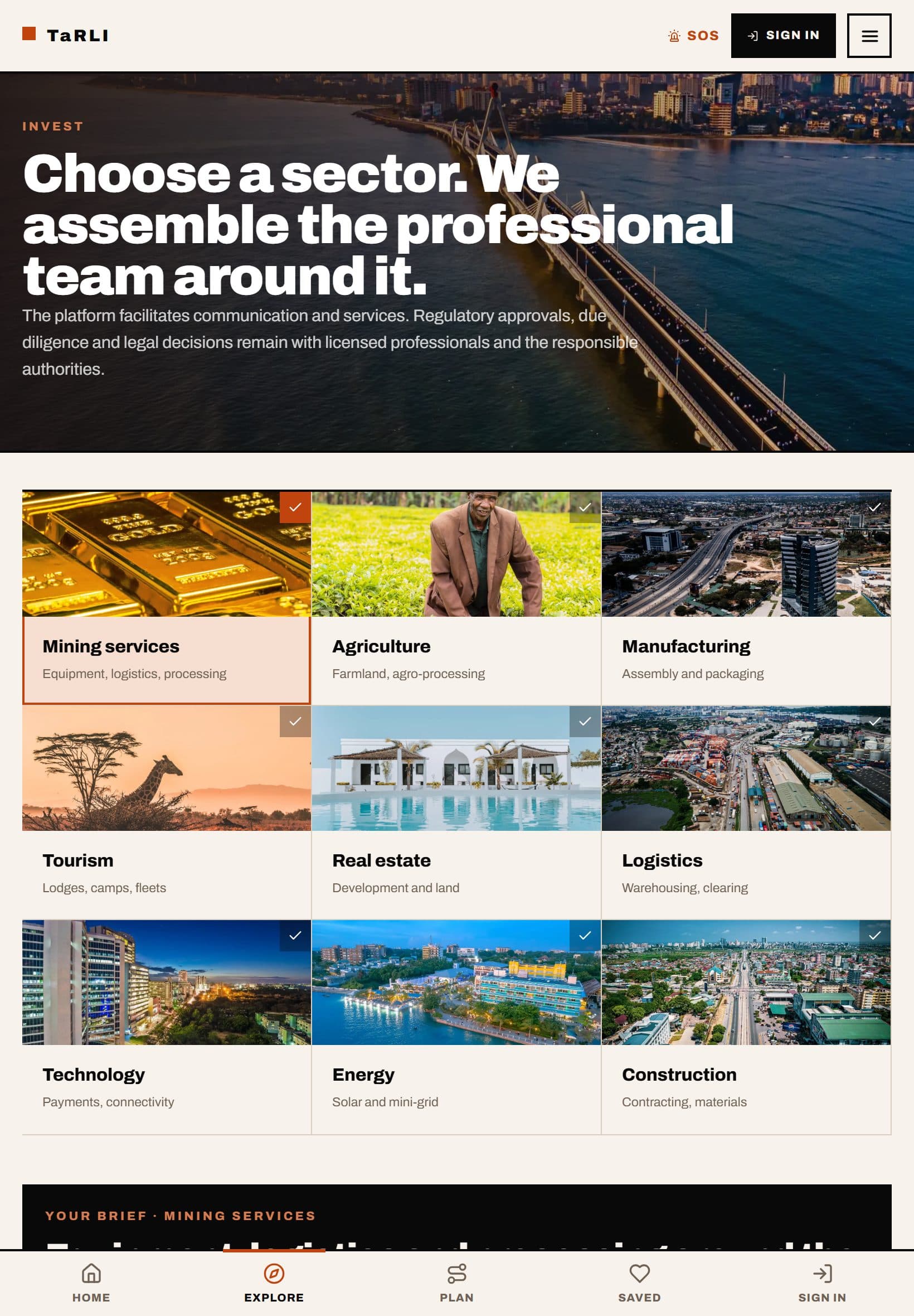 TaRLI investment page on a tablet: the “Choose a sector. We assemble the professional team around it.” headline over a coastal city bridge, and a grid of sectors from Mining services and Agriculture to Energy and Construction.