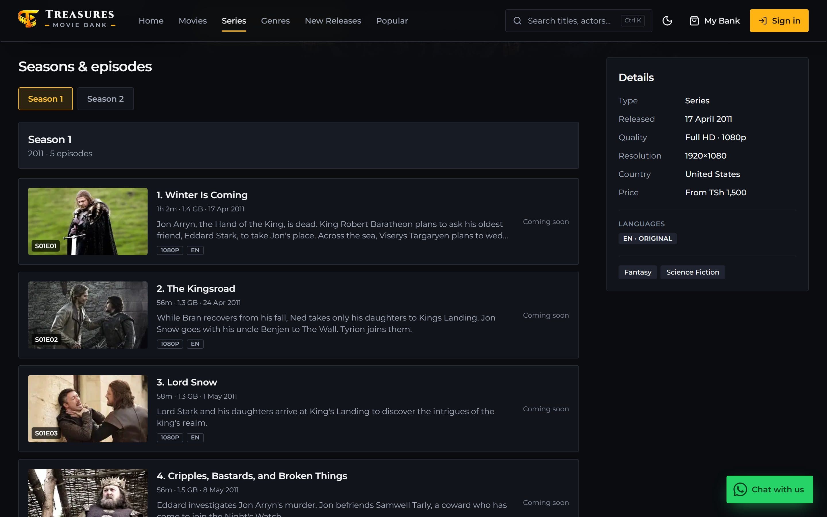 Treasures Movie Bank seasons and episodes for Game of Thrones on desktop in the dark theme: season tabs, episode cards with stills, running time, file size, air date, quality and language badges, and a details panel with prices from TSh 1,500.