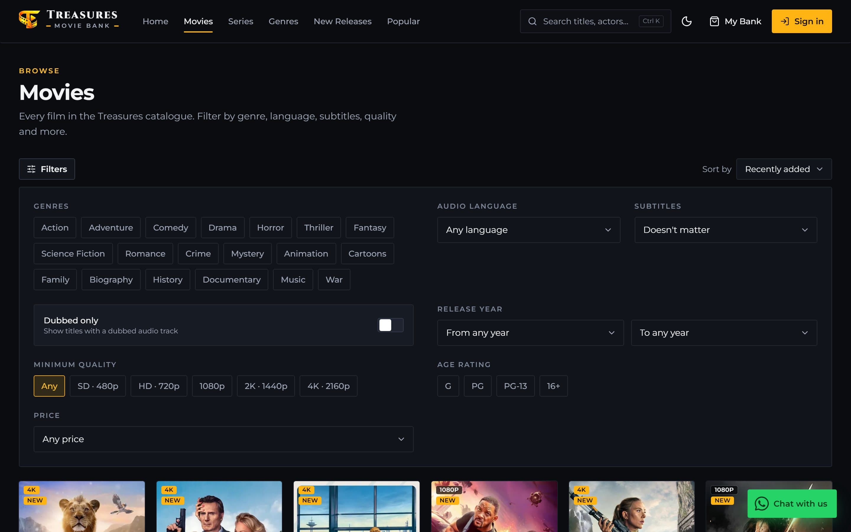 Treasures Movie Bank movie catalogue on desktop in the dark theme with the filters panel open: genres, audio language, subtitles, a dubbed-only switch, release year range, minimum quality, age rating and price.