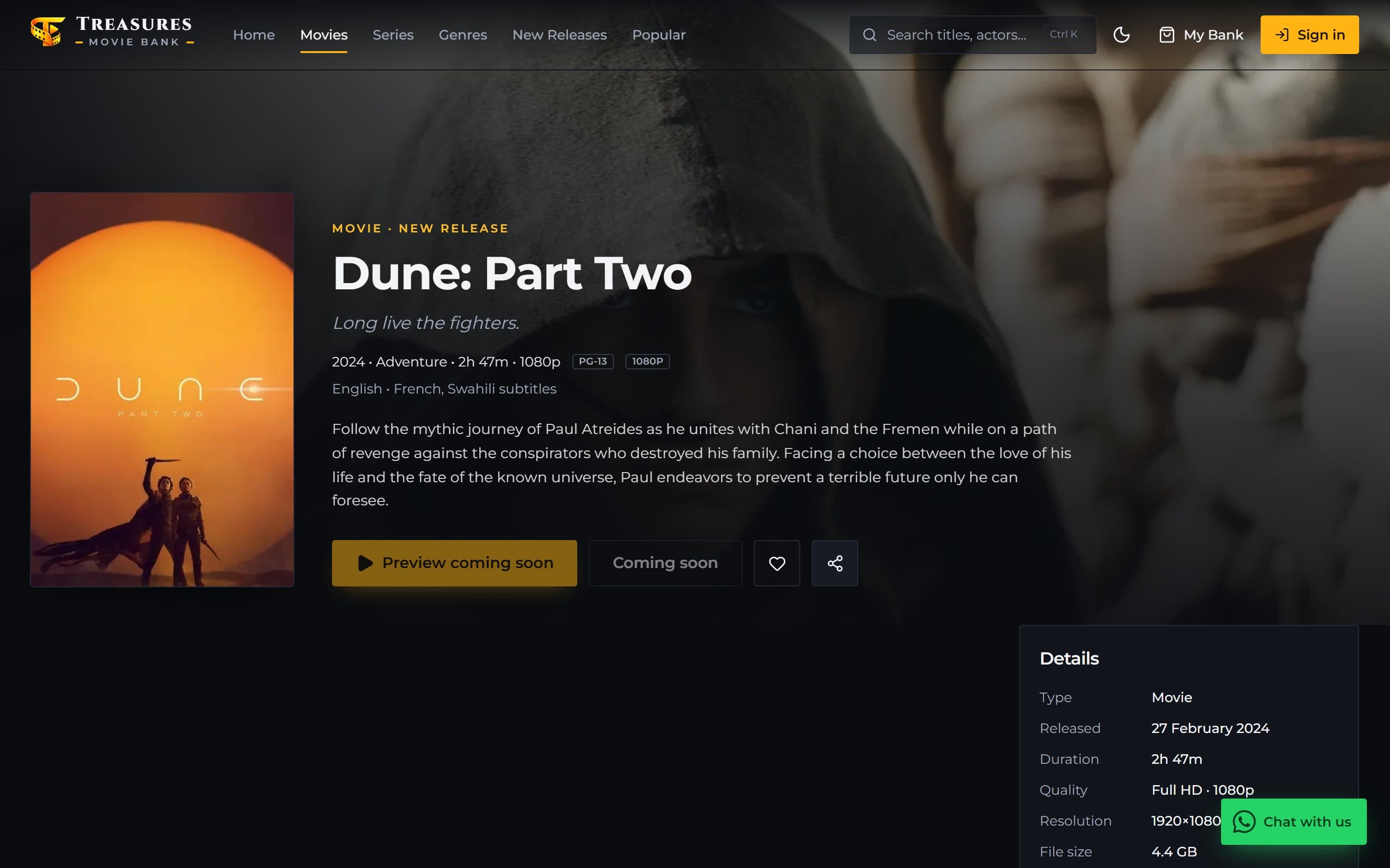 Treasures Movie Bank title page on desktop in the dark theme for Dune: Part Two: poster, tagline, year, genre, running time, quality and age-rating badges, subtitle languages, synopsis, preview and purchase buttons marked coming soon, and a details panel with release date, quality, resolution and file size.