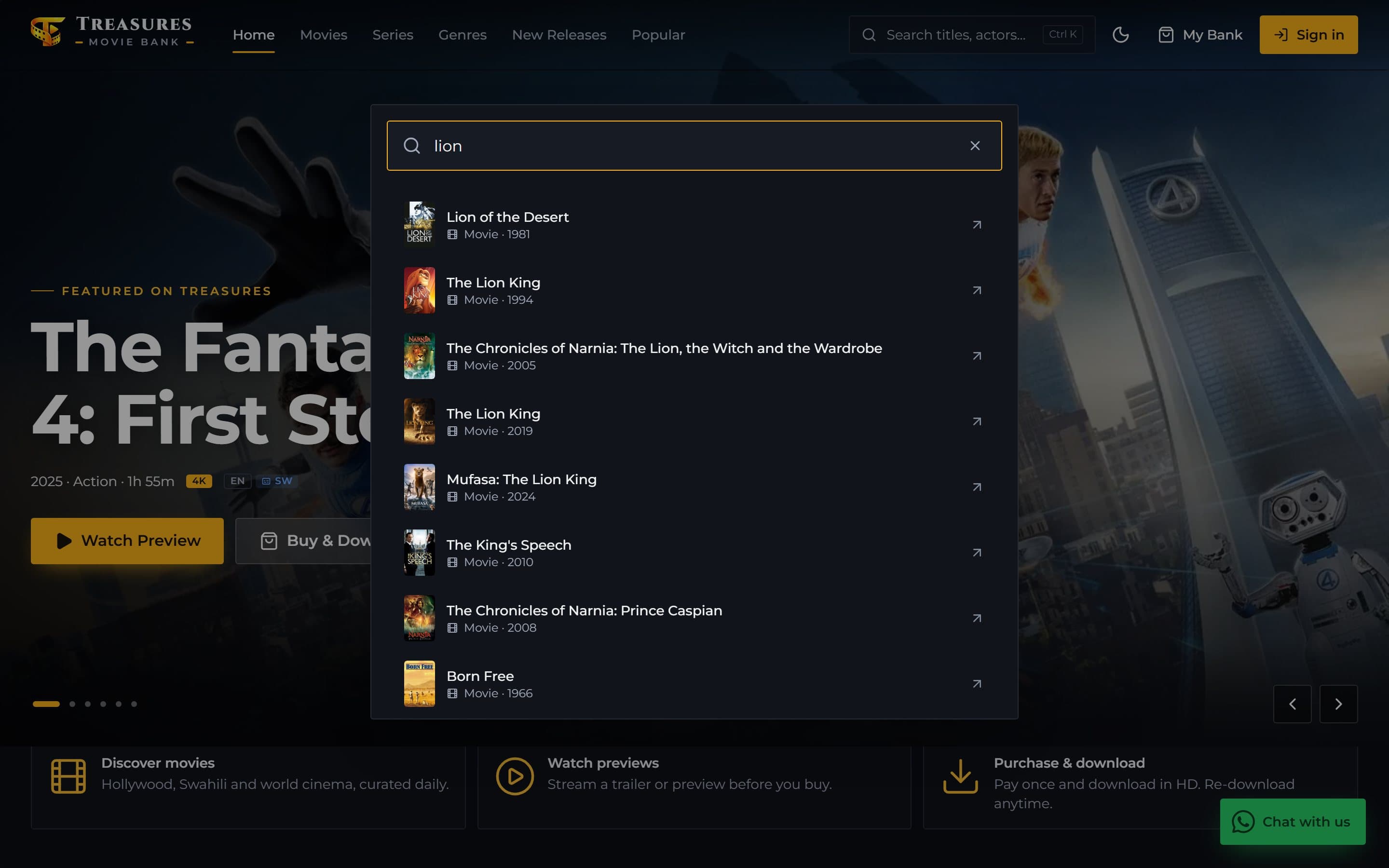 Treasures Movie Bank search palette on desktop in the dark theme, with “lion” typed and poster results including Lion of the Desert, The Lion King, Mufasa: The Lion King and The Chronicles of Narnia.