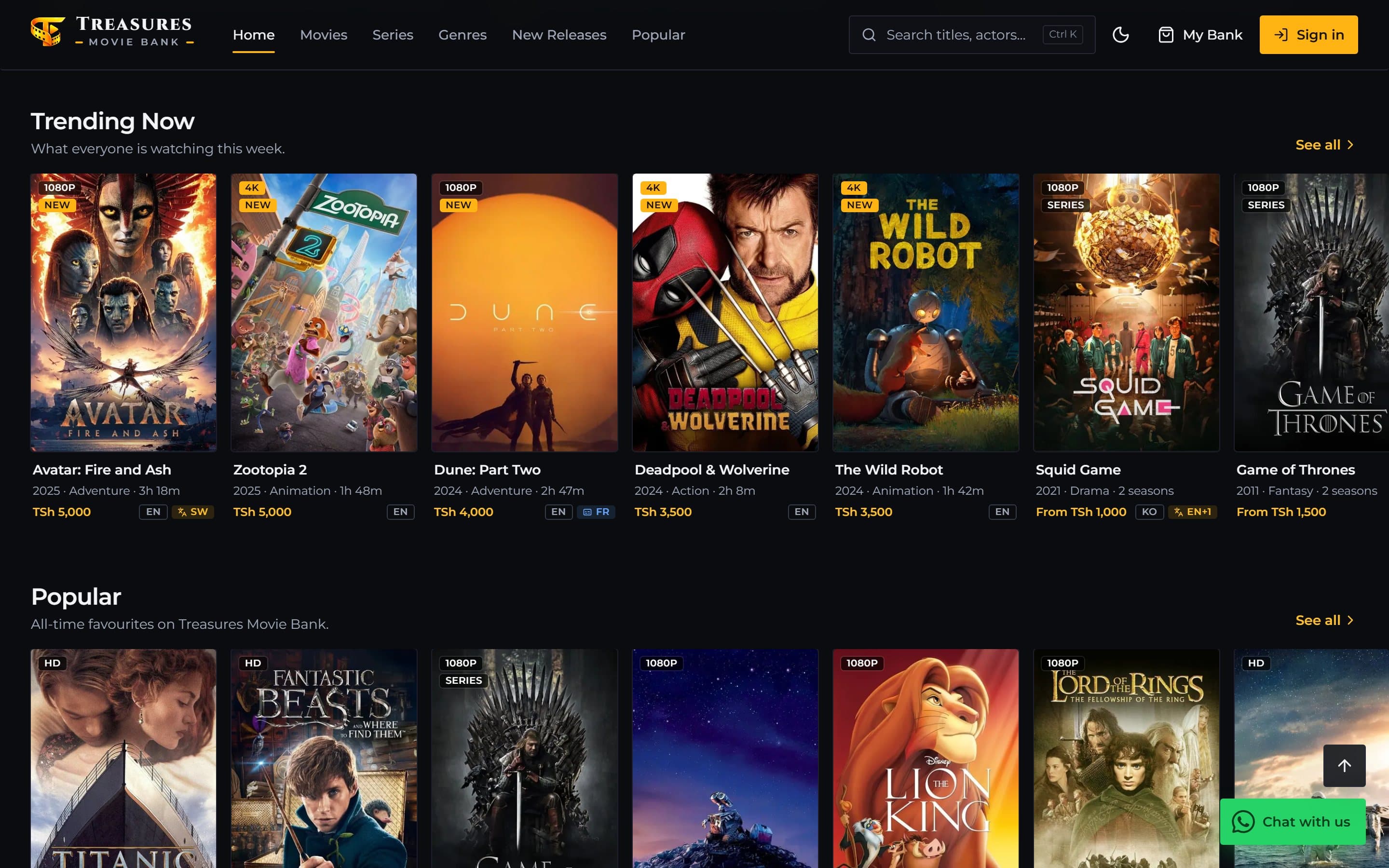 Treasures Movie Bank Trending Now and Popular rows on desktop in the dark theme: poster cards with quality and new-release badges, year, genre, running time or season count, audio and subtitle languages, and prices in Tanzanian shillings.