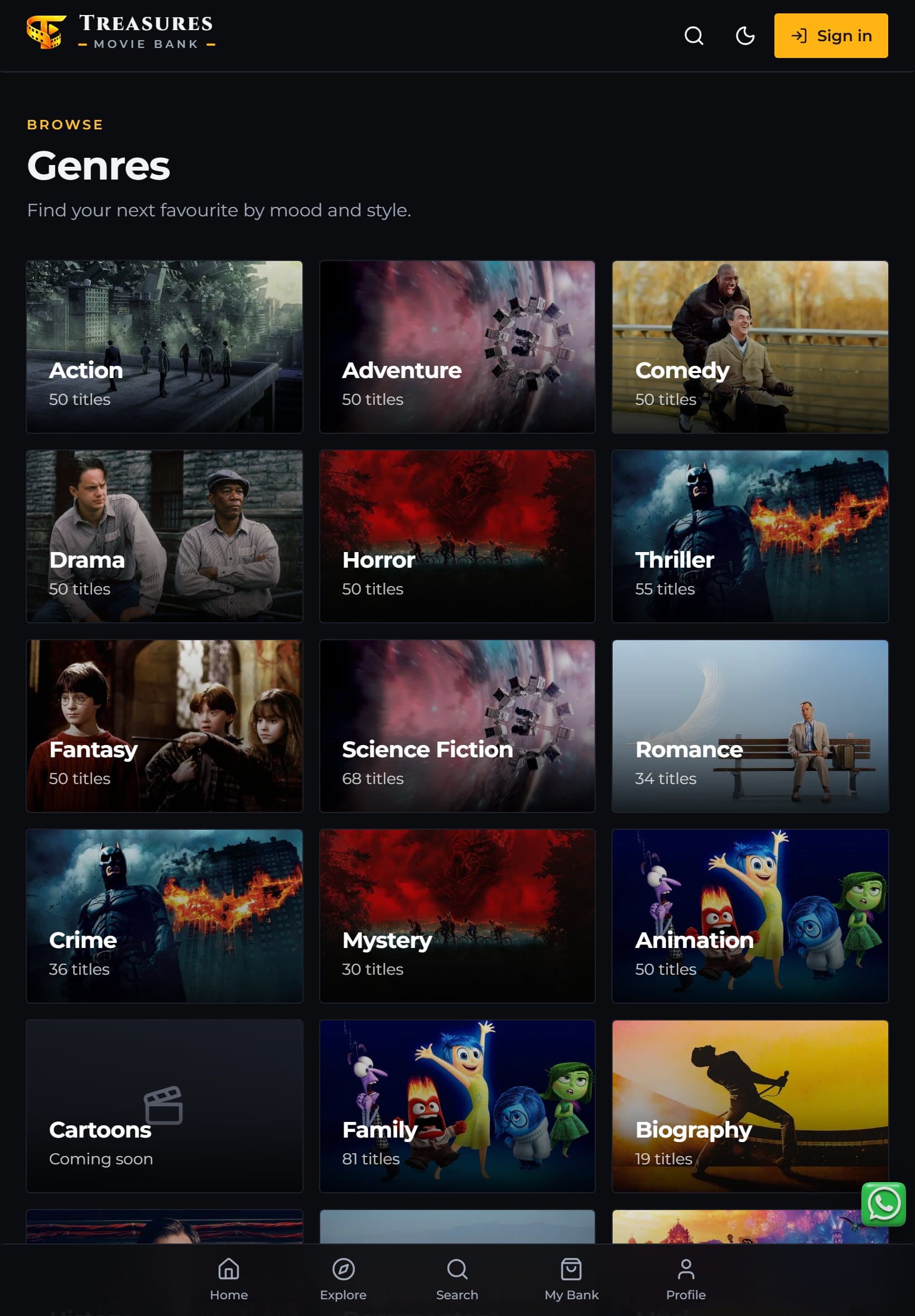 Treasures Movie Bank genres page on a tablet in the dark theme: a three-column grid of genre tiles with artwork and title counts, from Action and Adventure to Animation, Family and Biography.
