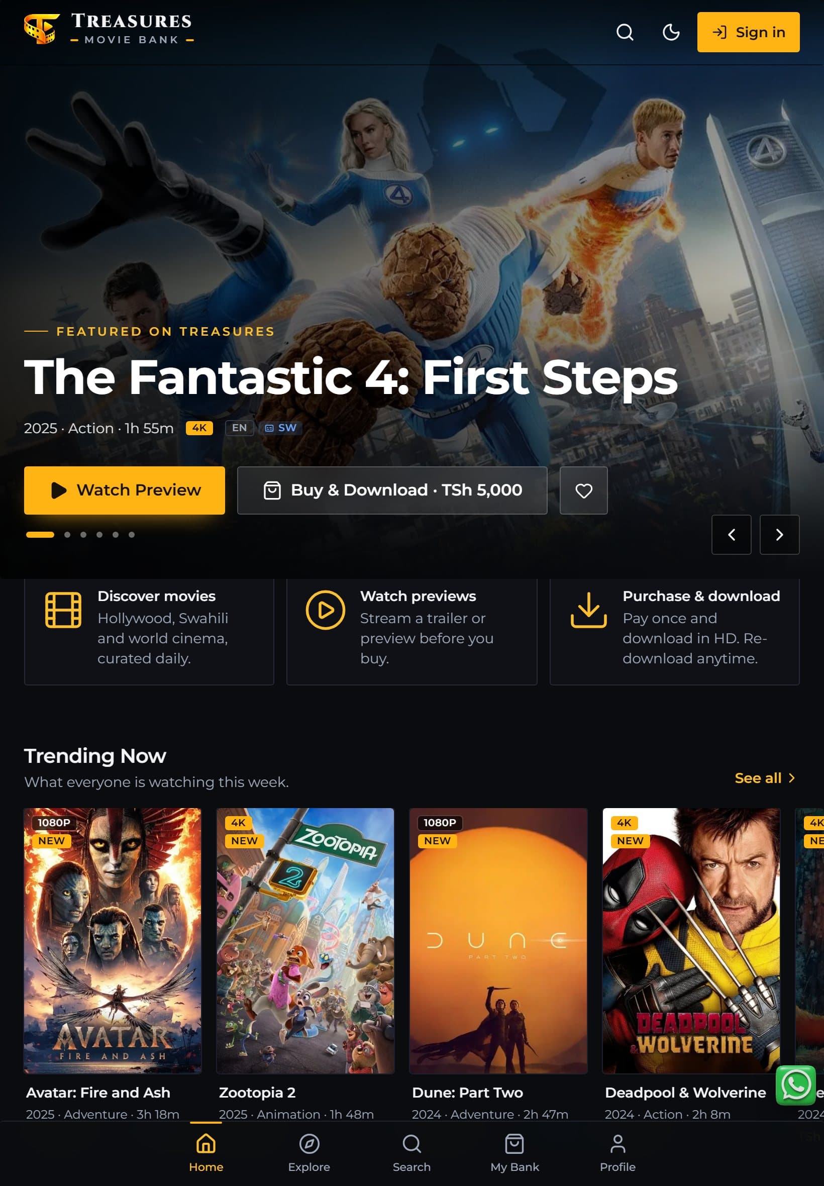 Treasures Movie Bank home page on a tablet in the dark theme: the featured banner for The Fantastic 4: First Steps, feature cards for discovering, previewing and purchasing, the Trending Now row, and the bottom navigation bar.